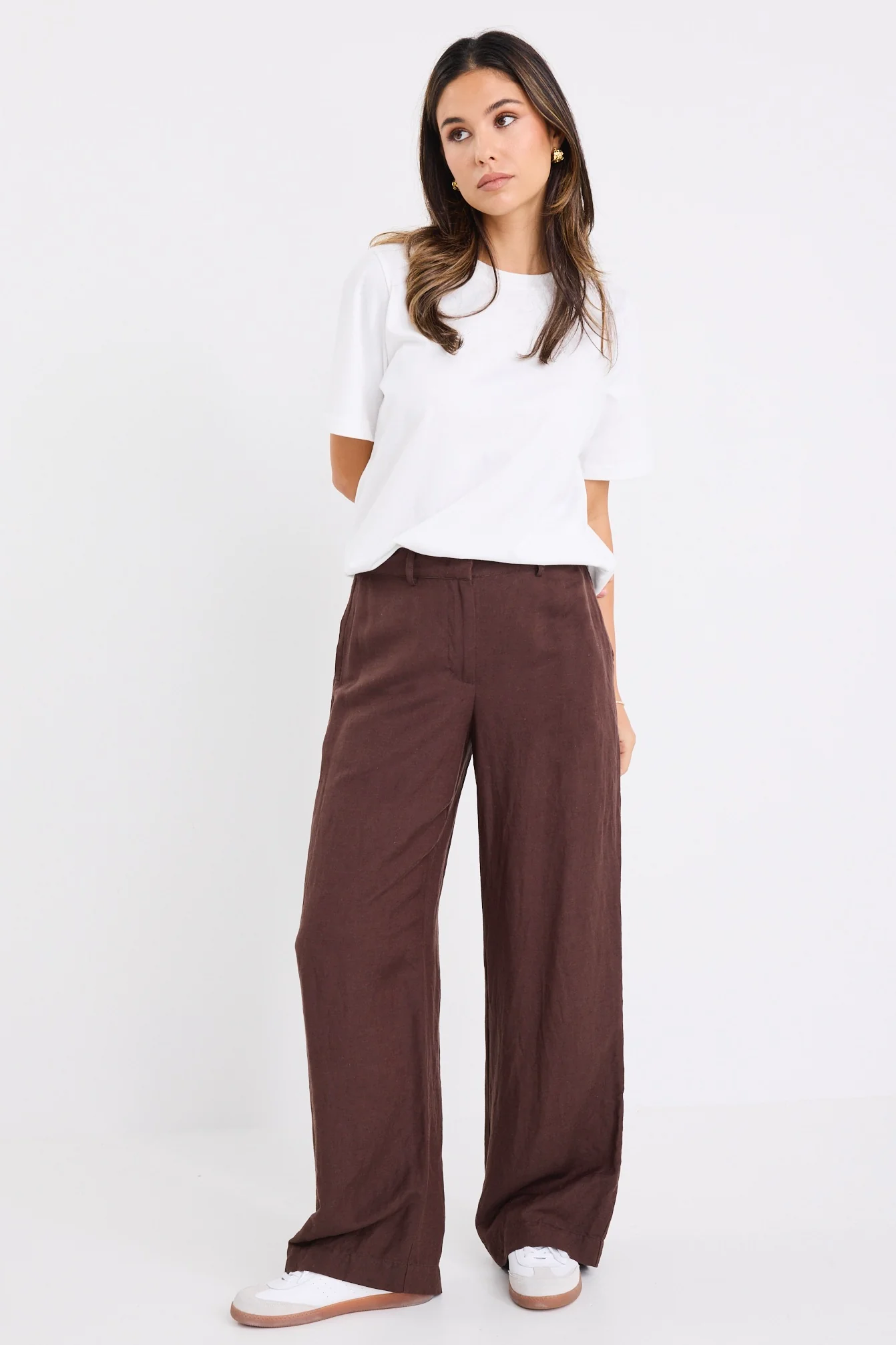 Shelter Chocolate Linen Viscose Flat Front Wide Pants - Image 4