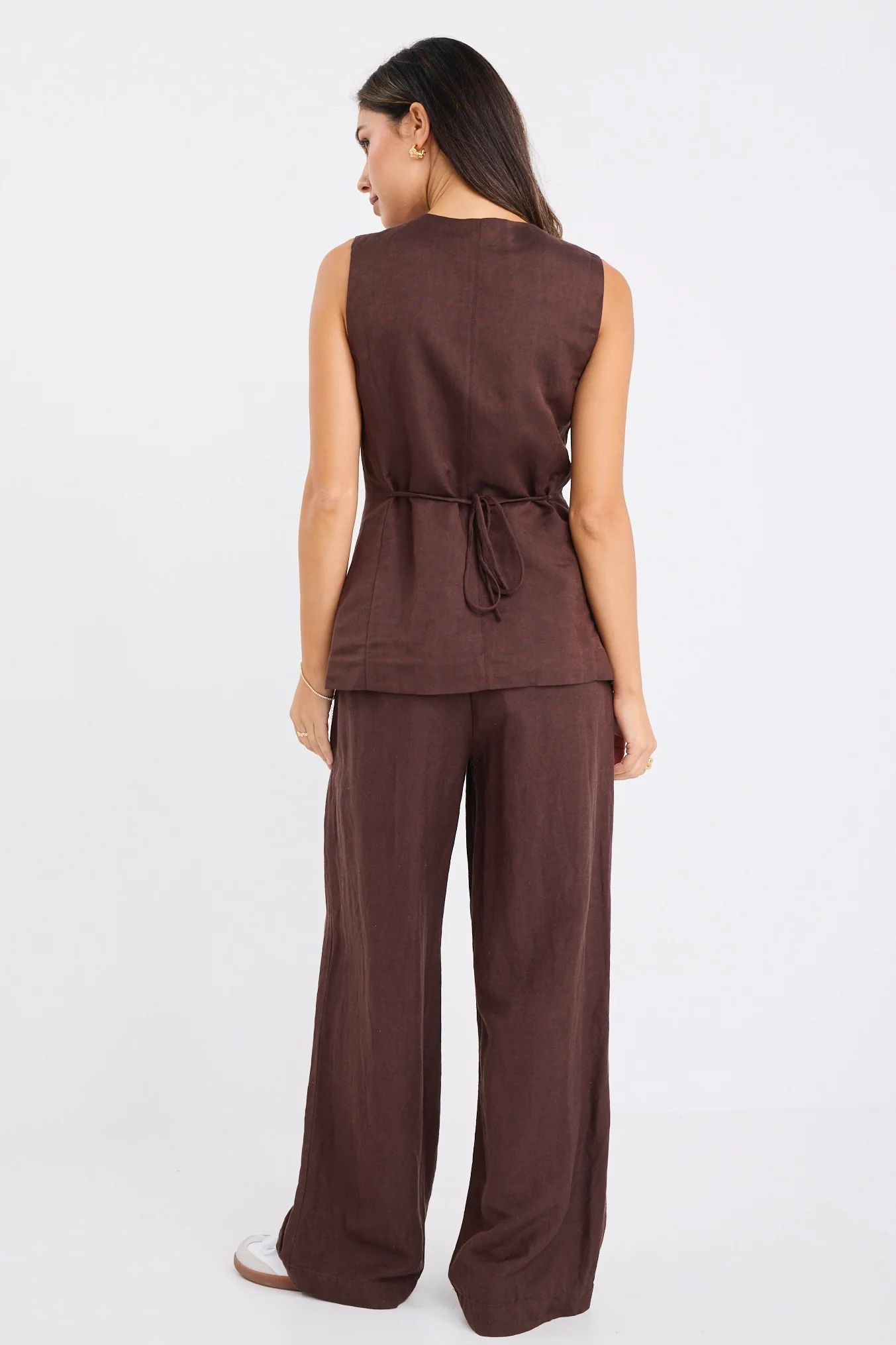 Shelter Chocolate Linen Viscose Flat Front Wide Pants - Image 6
