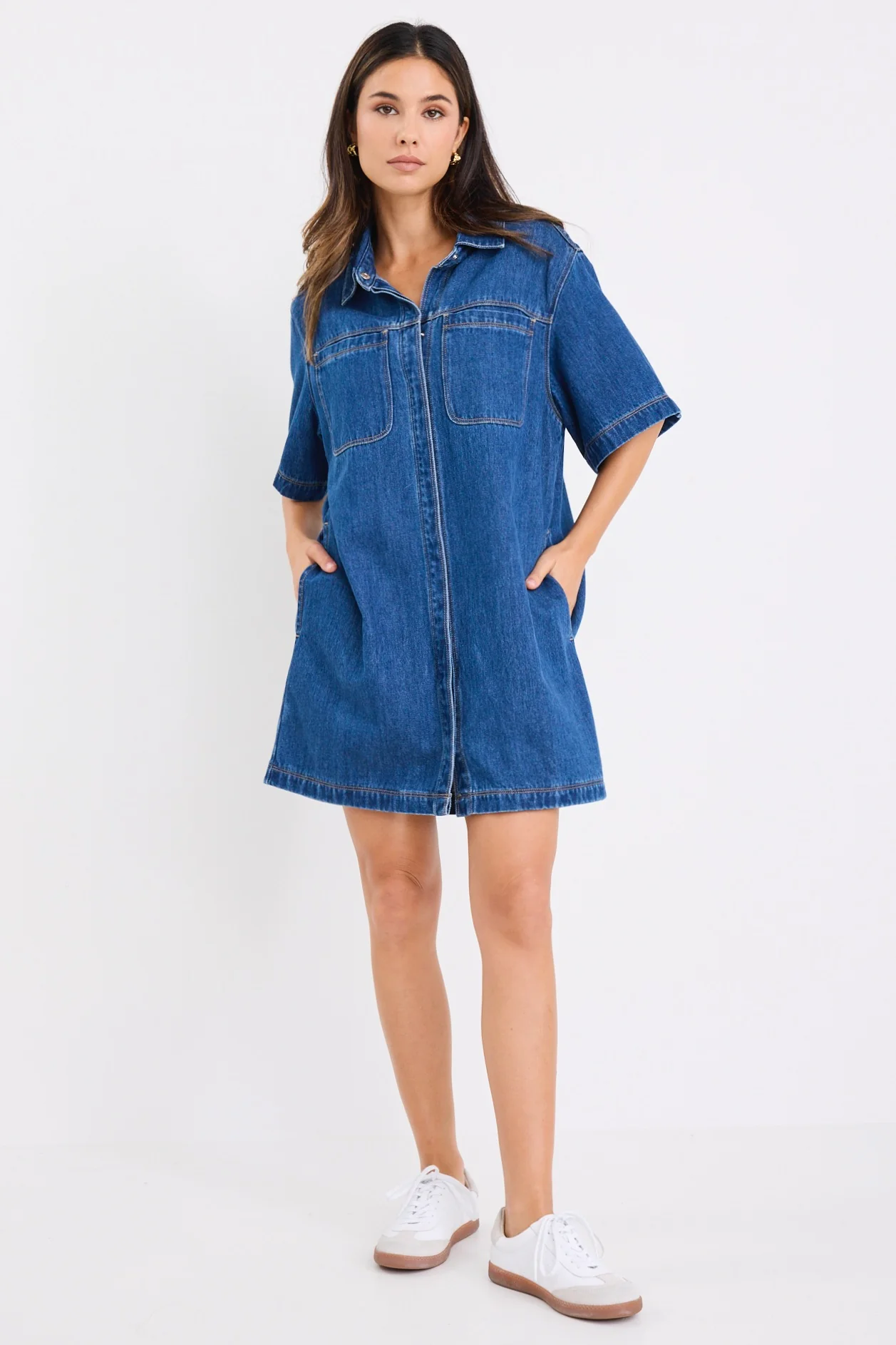 Shortcut Storm Blue Denim Short Sleeve Boxy Mini Shirt Dress - Image 2