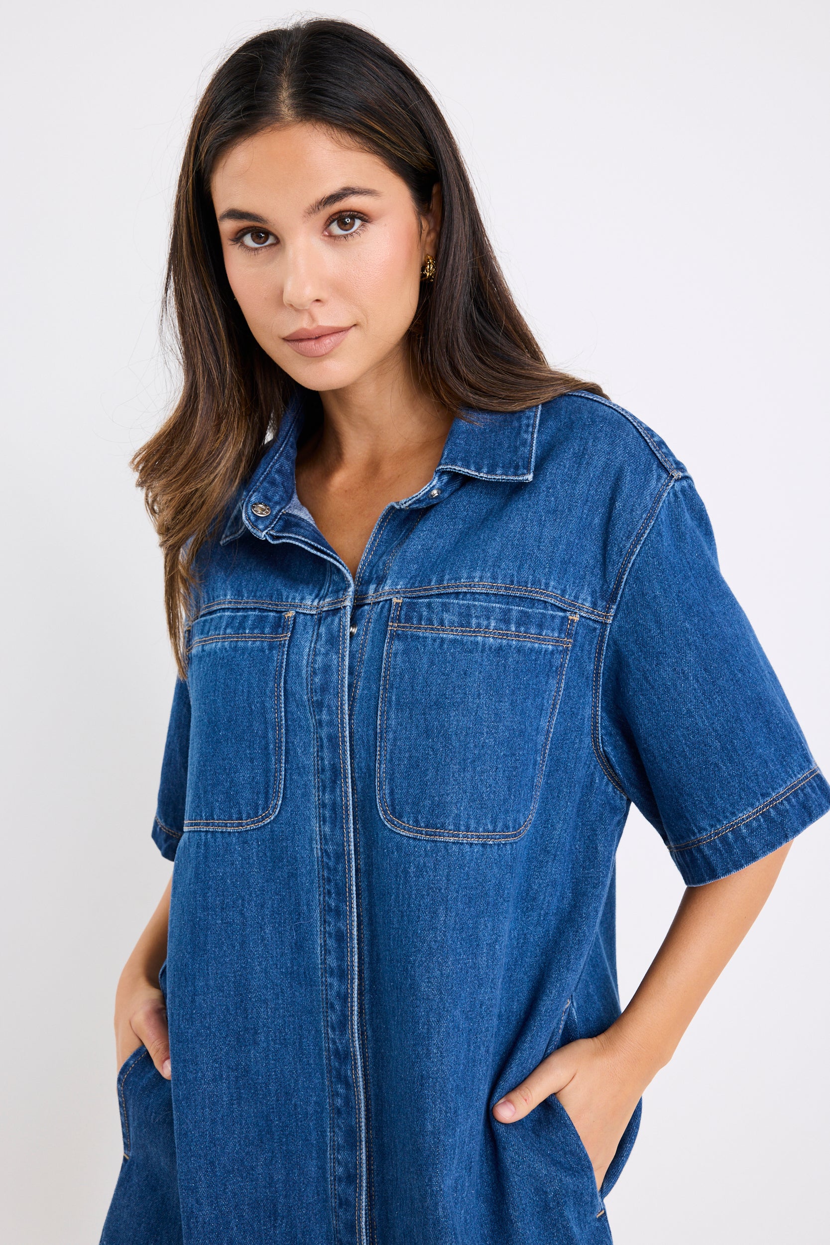 Shortcut Storm Blue Denim Short Sleeve Boxy Mini Shirt Dress - Image 3