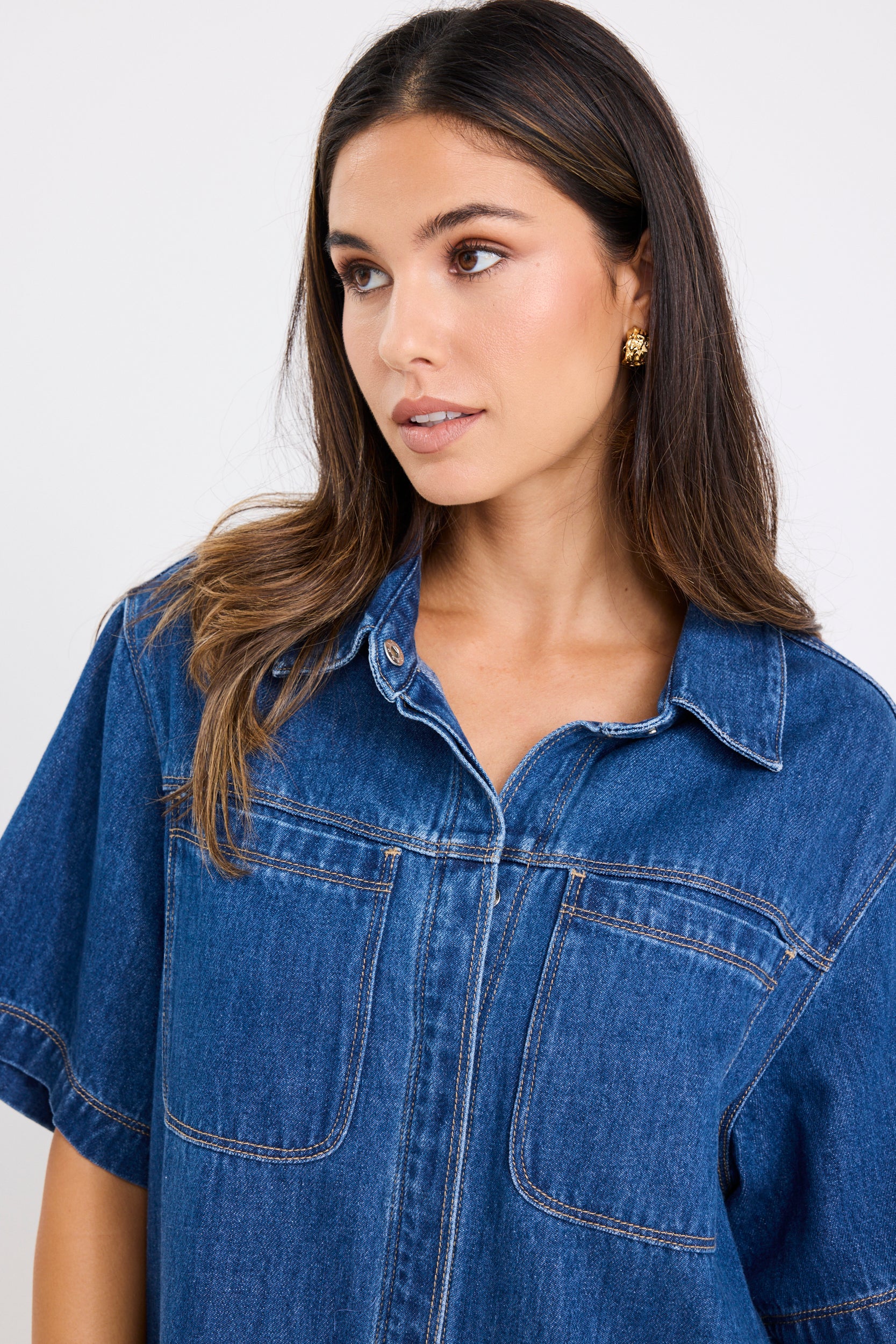 Shortcut Storm Blue Denim Short Sleeve Boxy Mini Shirt Dress - Image 4