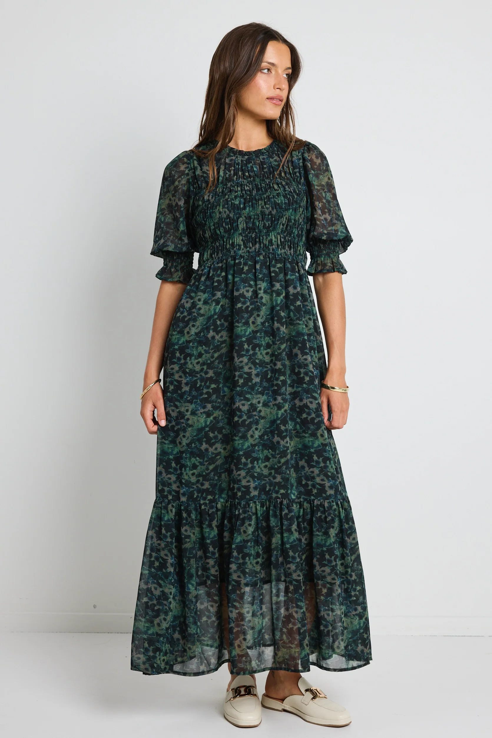Showcase Khaki Ditsy Print Georgette Puff Sleeve Tiered Maxi Dress - Image 3