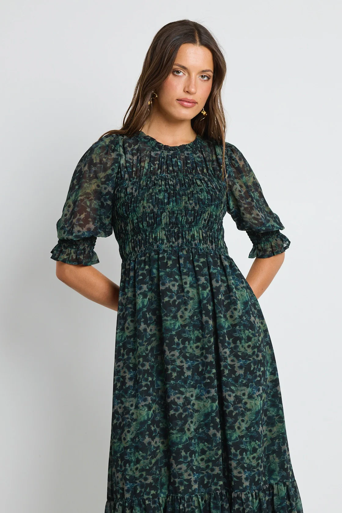 Showcase Khaki Ditsy Print Georgette Puff Sleeve Tiered Maxi Dress - Image 5