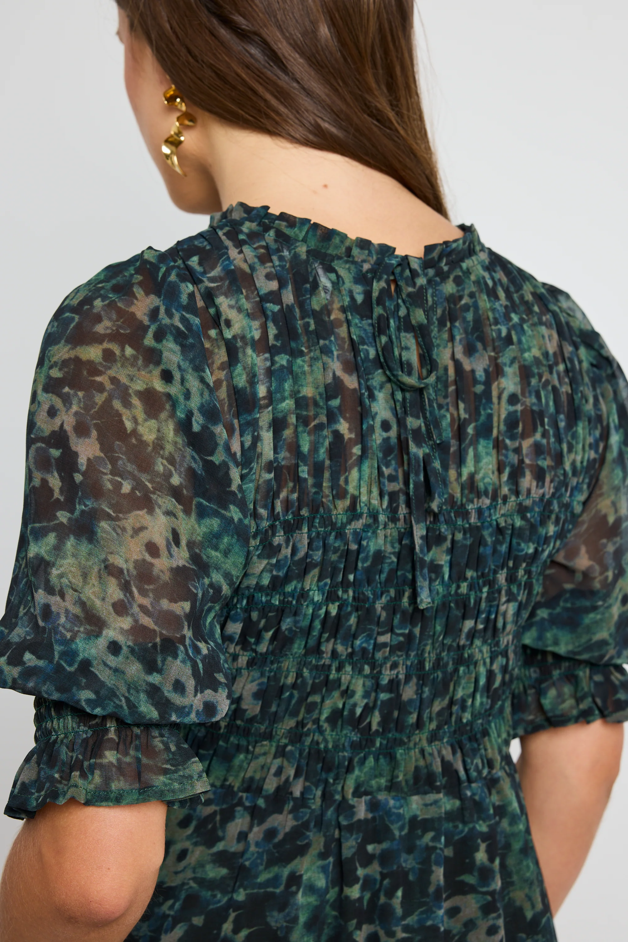 Showcase Khaki Ditsy Print Georgette Puff Sleeve Tiered Maxi Dress - Image 6