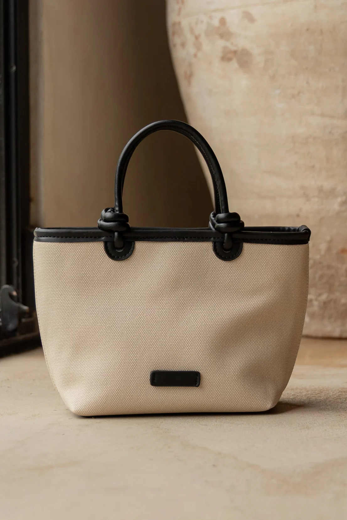 Siena Natural Canvas PU Trim Small Knot Top Handle Bag - Image 2