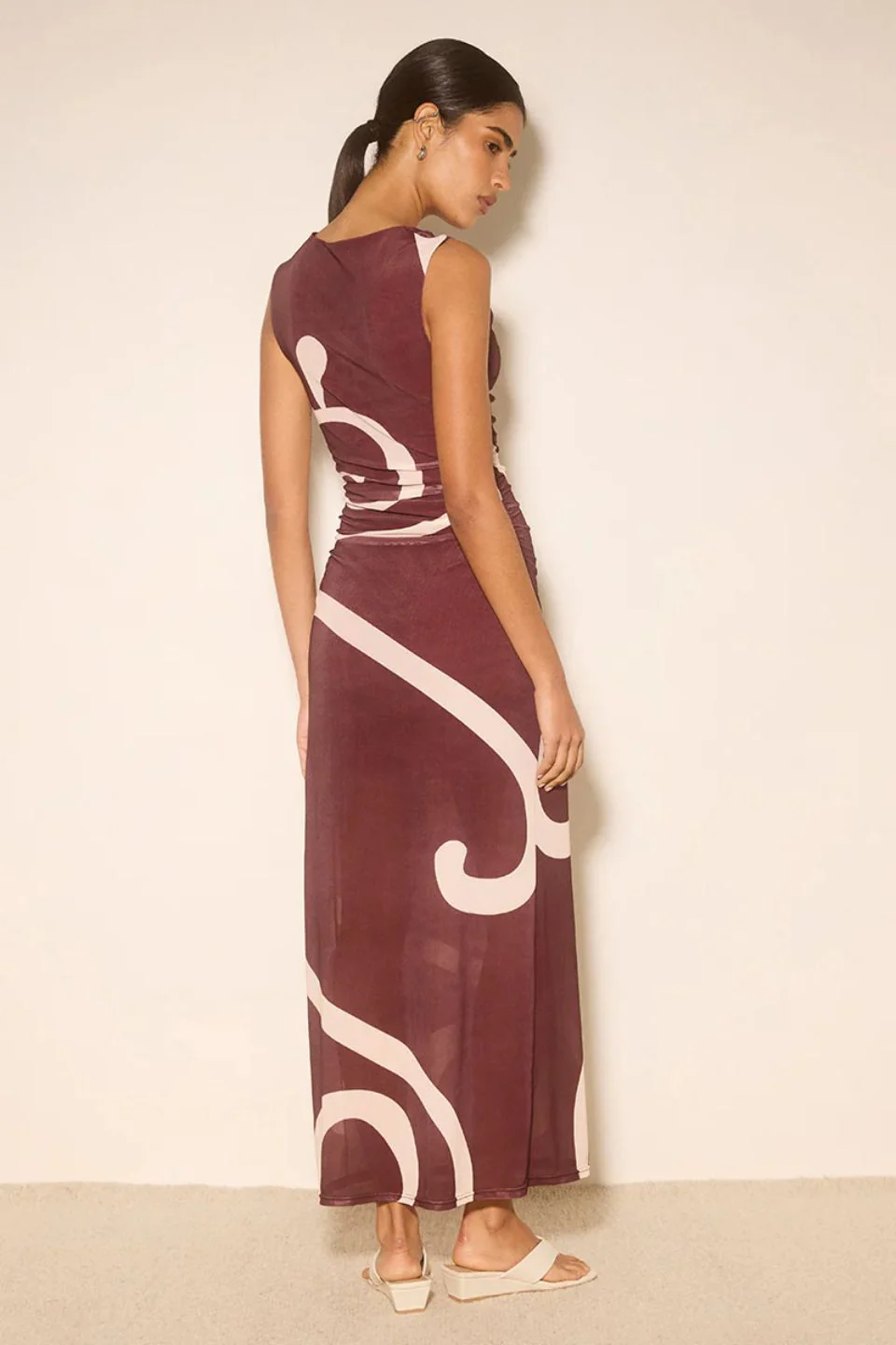 Sierra Plum Swirl Sleeveless Cowl Neck Mesh Maxi Dress - Image 4