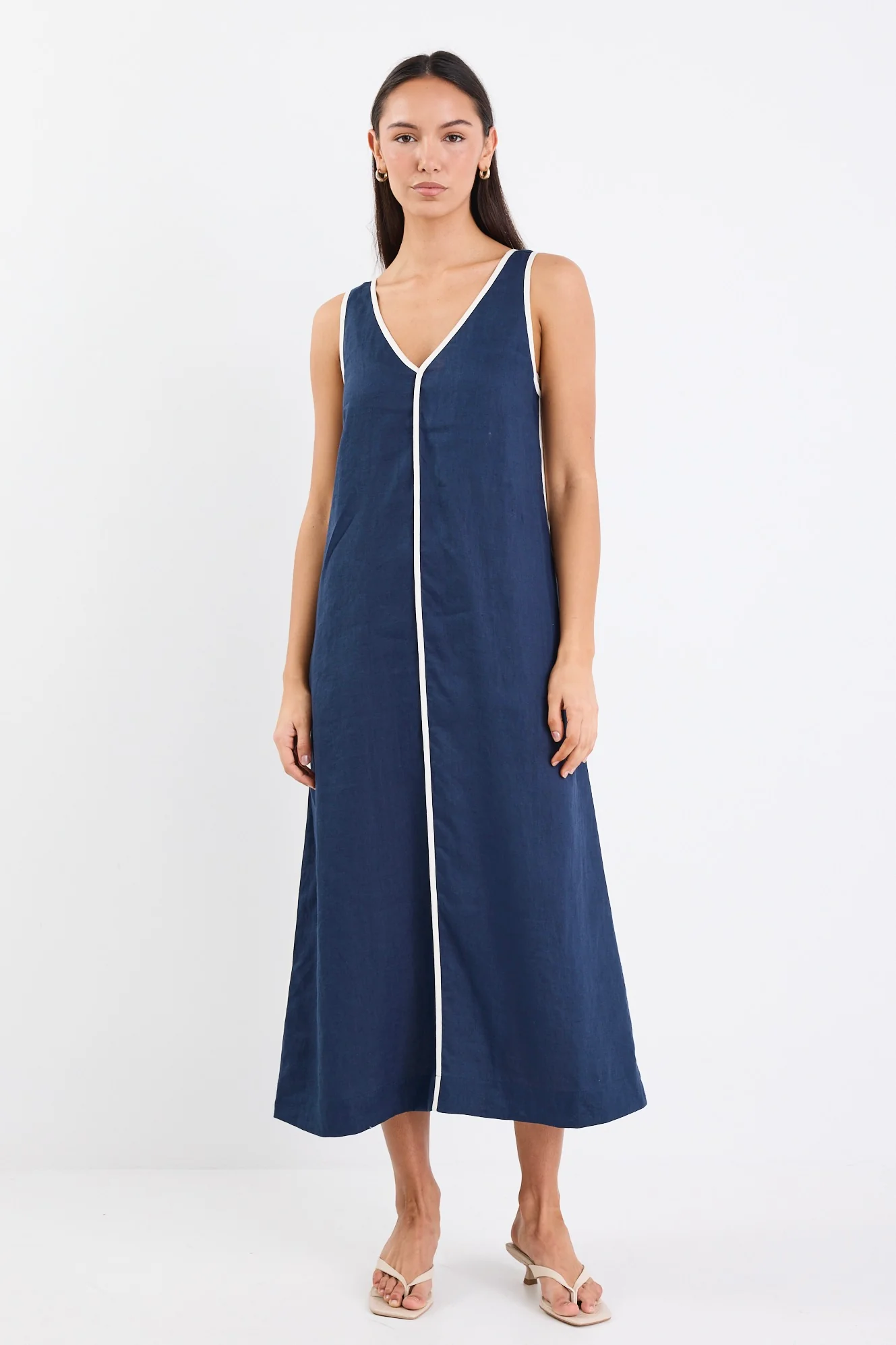 Siesta Navy Linen Contrast Sleeveless Maxi Dress - Image 2