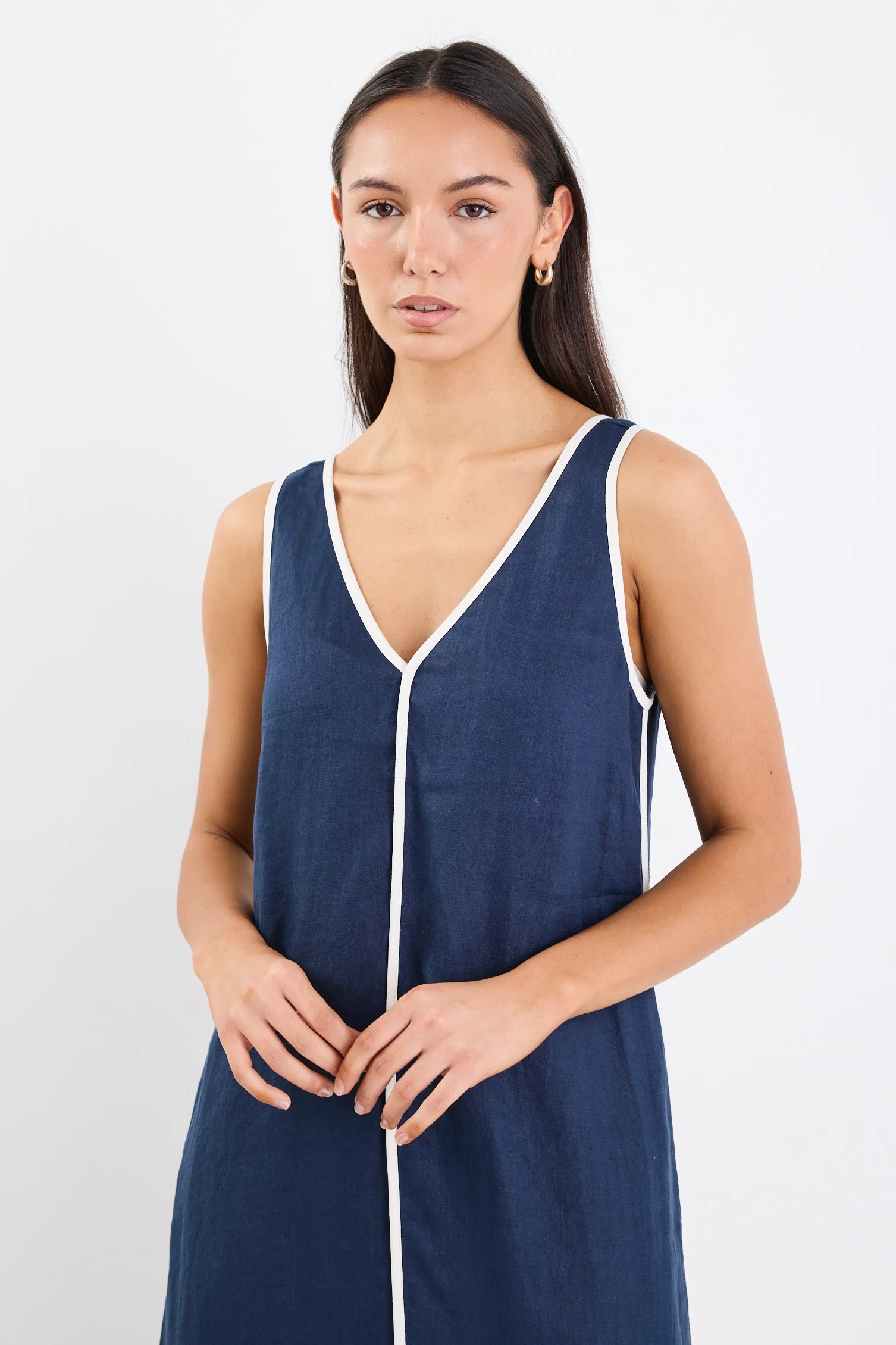 Siesta Navy Linen Contrast Sleeveless Maxi Dress - Image 3