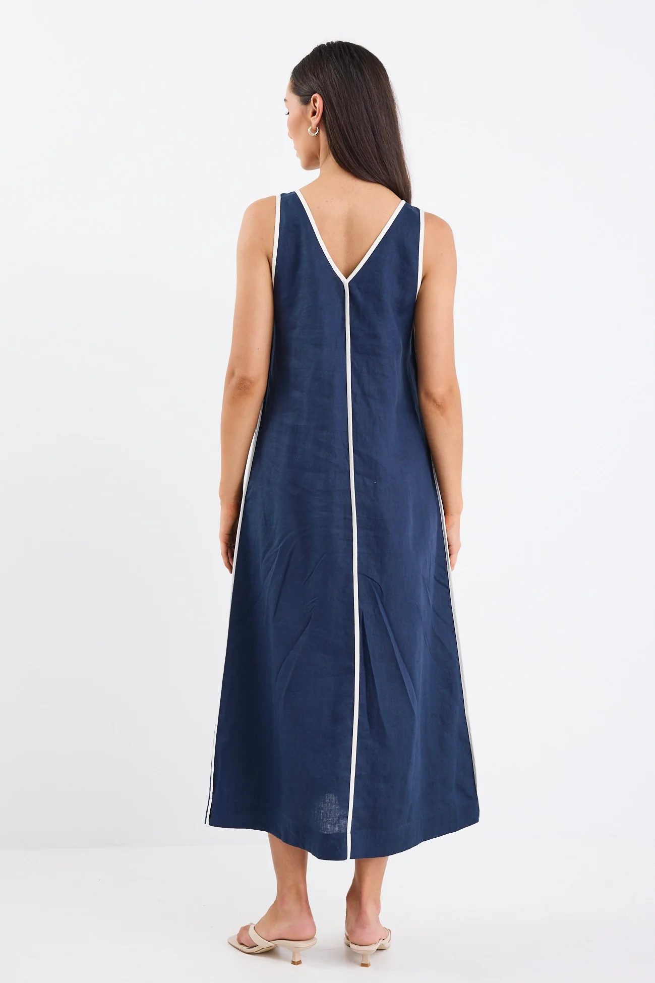 Siesta Navy Linen Contrast Sleeveless Maxi Dress - Image 5