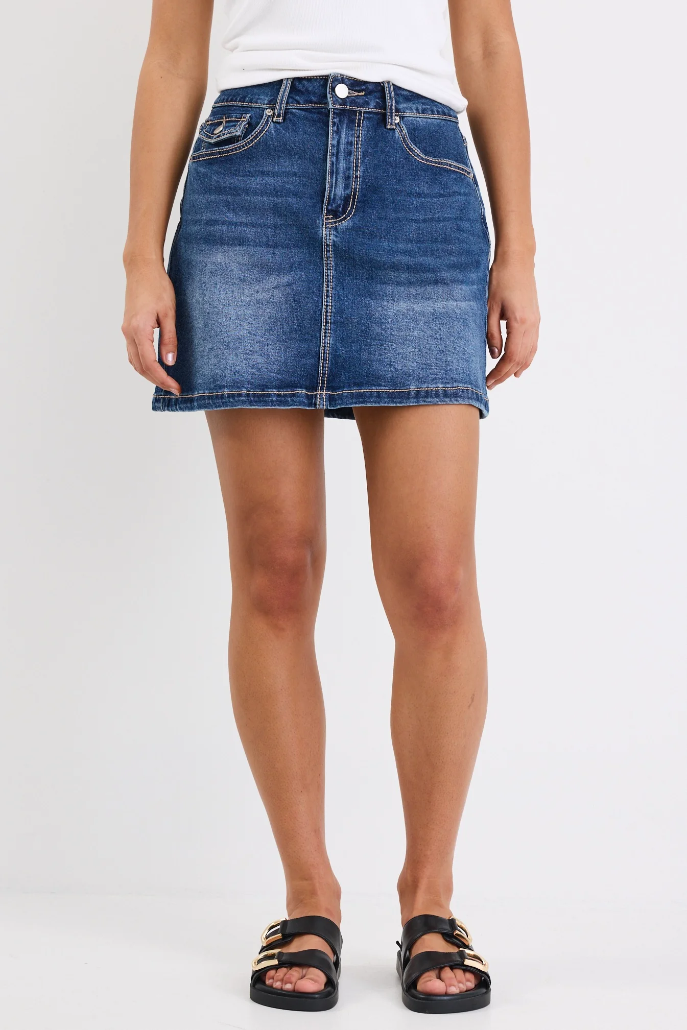 Sketch Mid Blue Denim Contrast Stitch Pocket Mini Skirt - Image 3