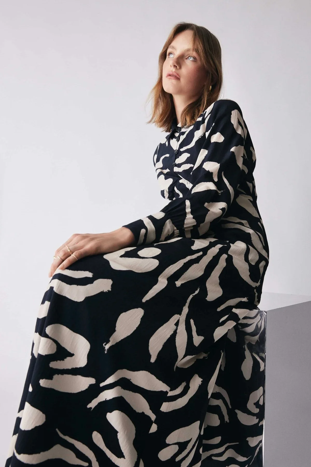 Soiree Black Pattern Front Button LS Maxi Dress
