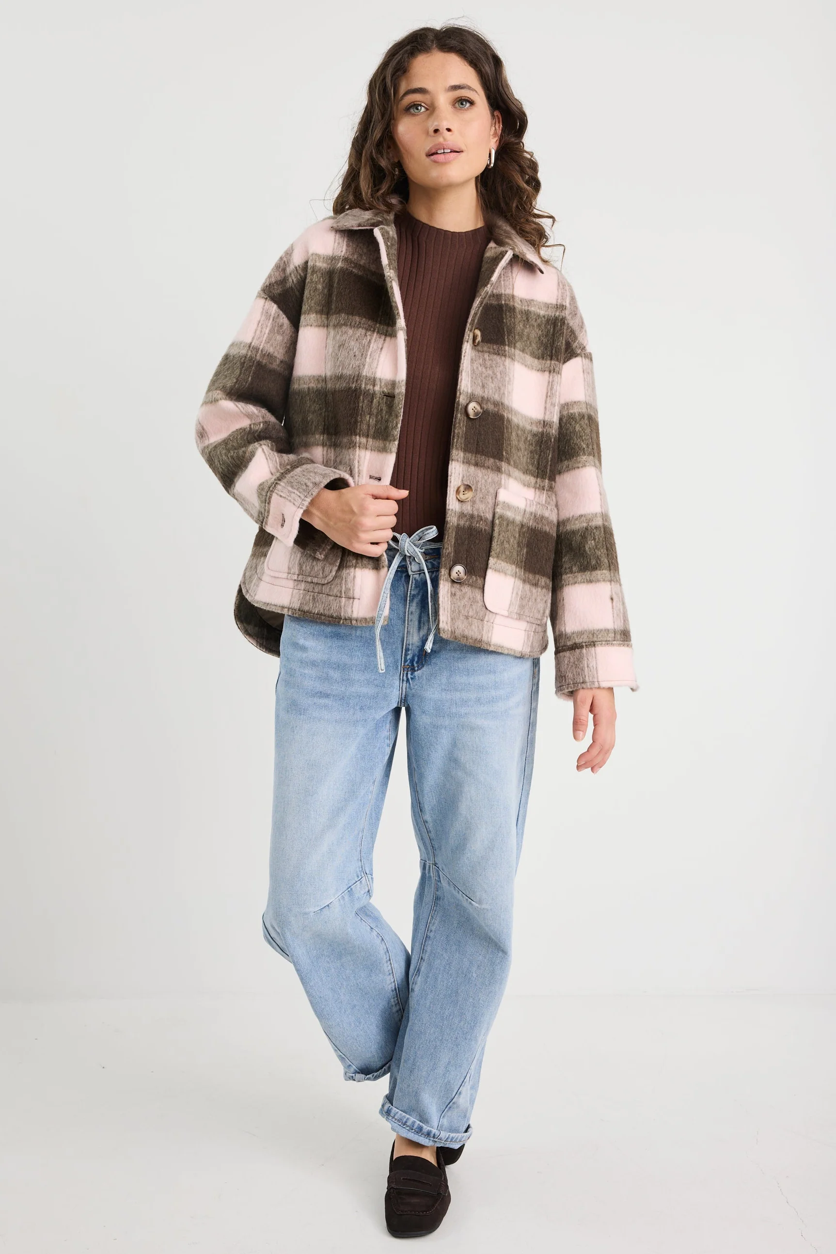 Solace Chocolate Pink Check Oversized Shacket - Image 3