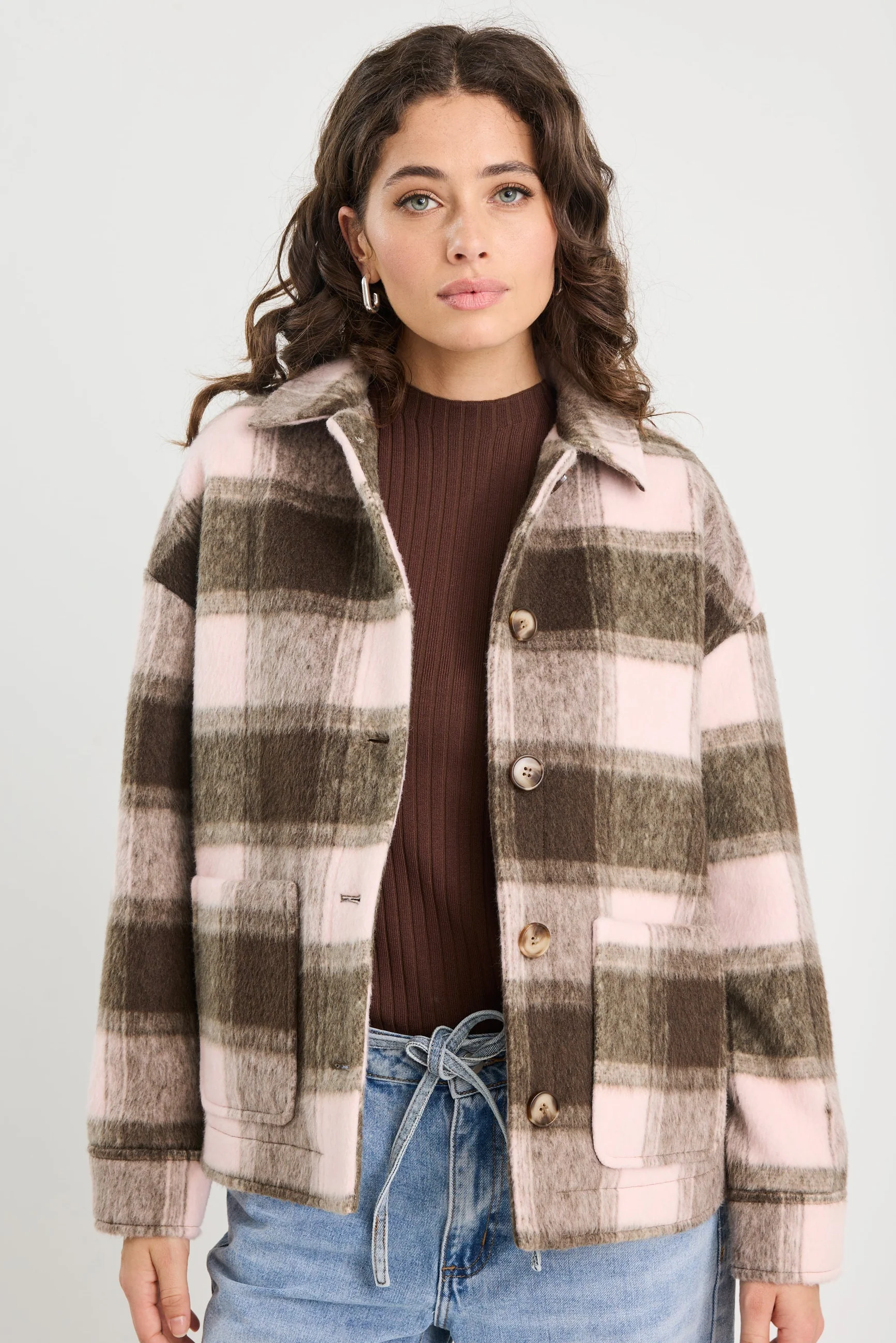 Solace Chocolate Pink Check Oversized Shacket - Image 5