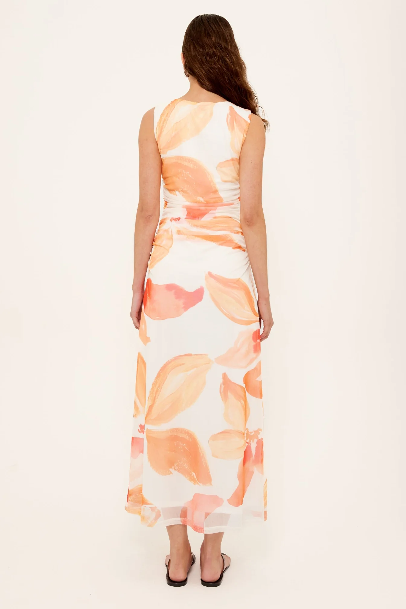 Solana Peach Floral Mesh Sleeveless Midi Dress - Image 4