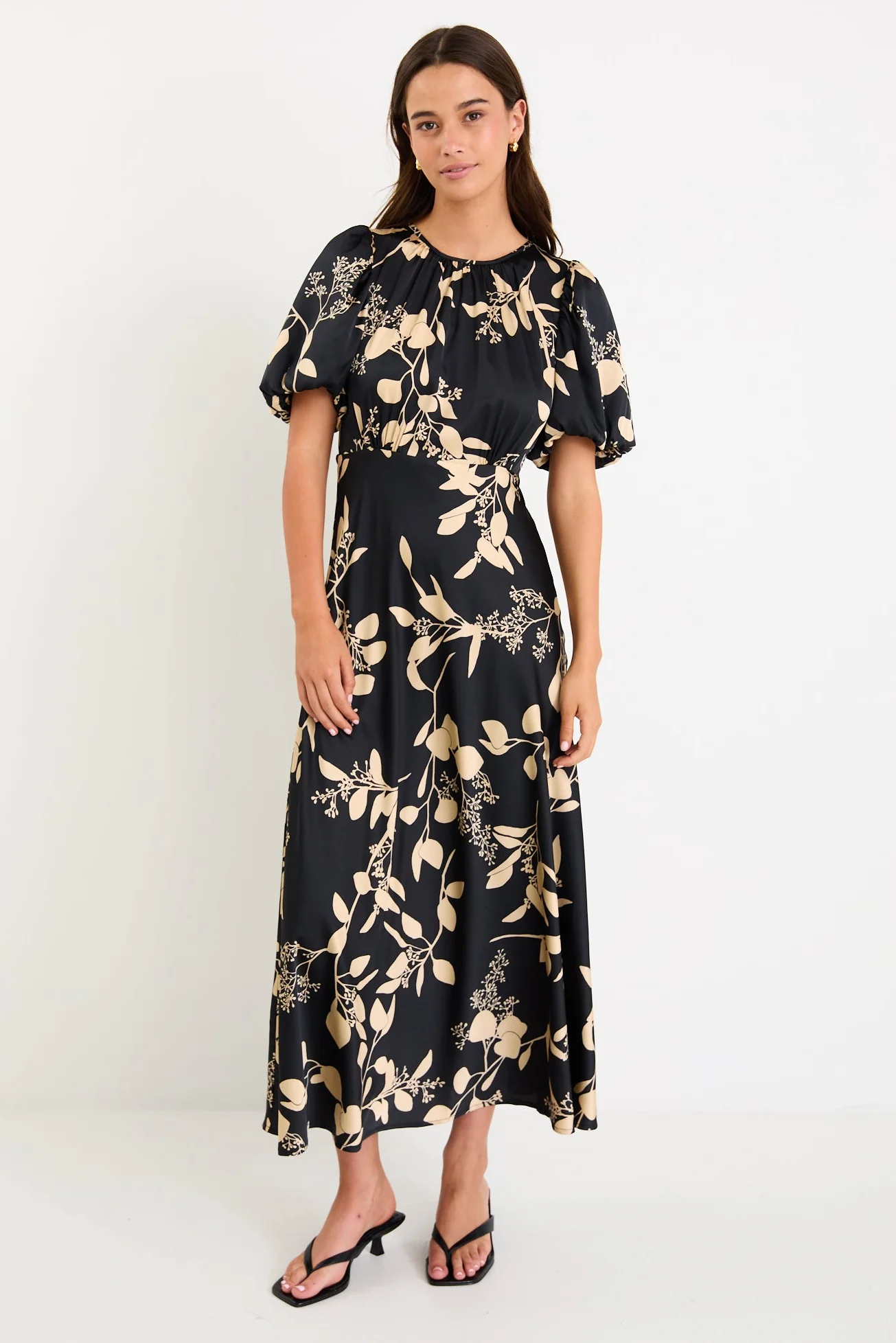 Stage Black Beige Floral Satin Puff Sleeve Floaty Maxi Dress