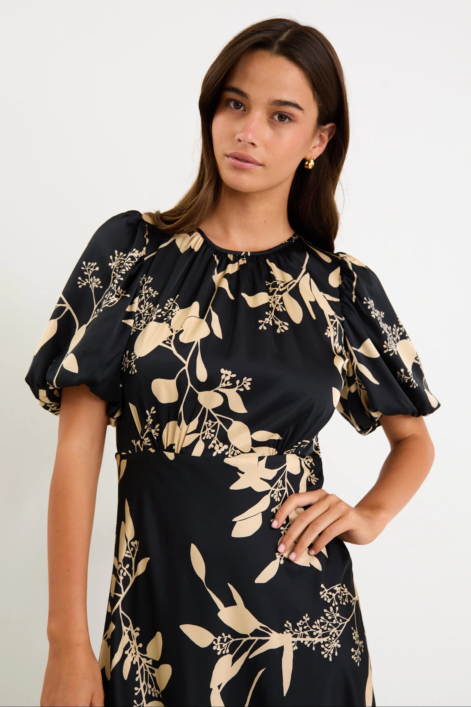 Stage Black Beige Floral Satin Puff Sleeve Floaty Maxi Dress - Image 2