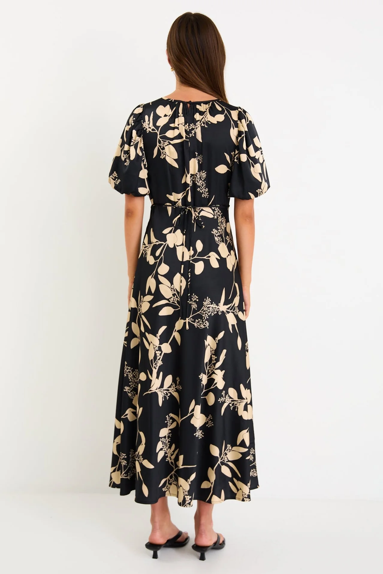 Stage Black Beige Floral Satin Puff Sleeve Floaty Maxi Dress - Image 3