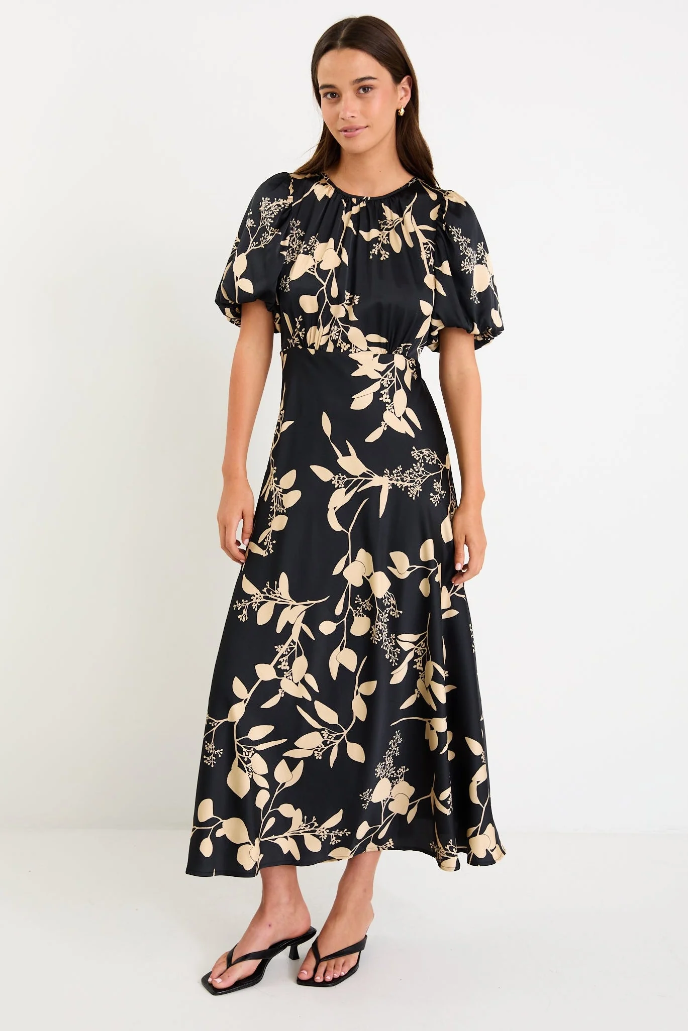 Stage Black Beige Floral Satin Puff Sleeve Floaty Maxi Dress - Image 5