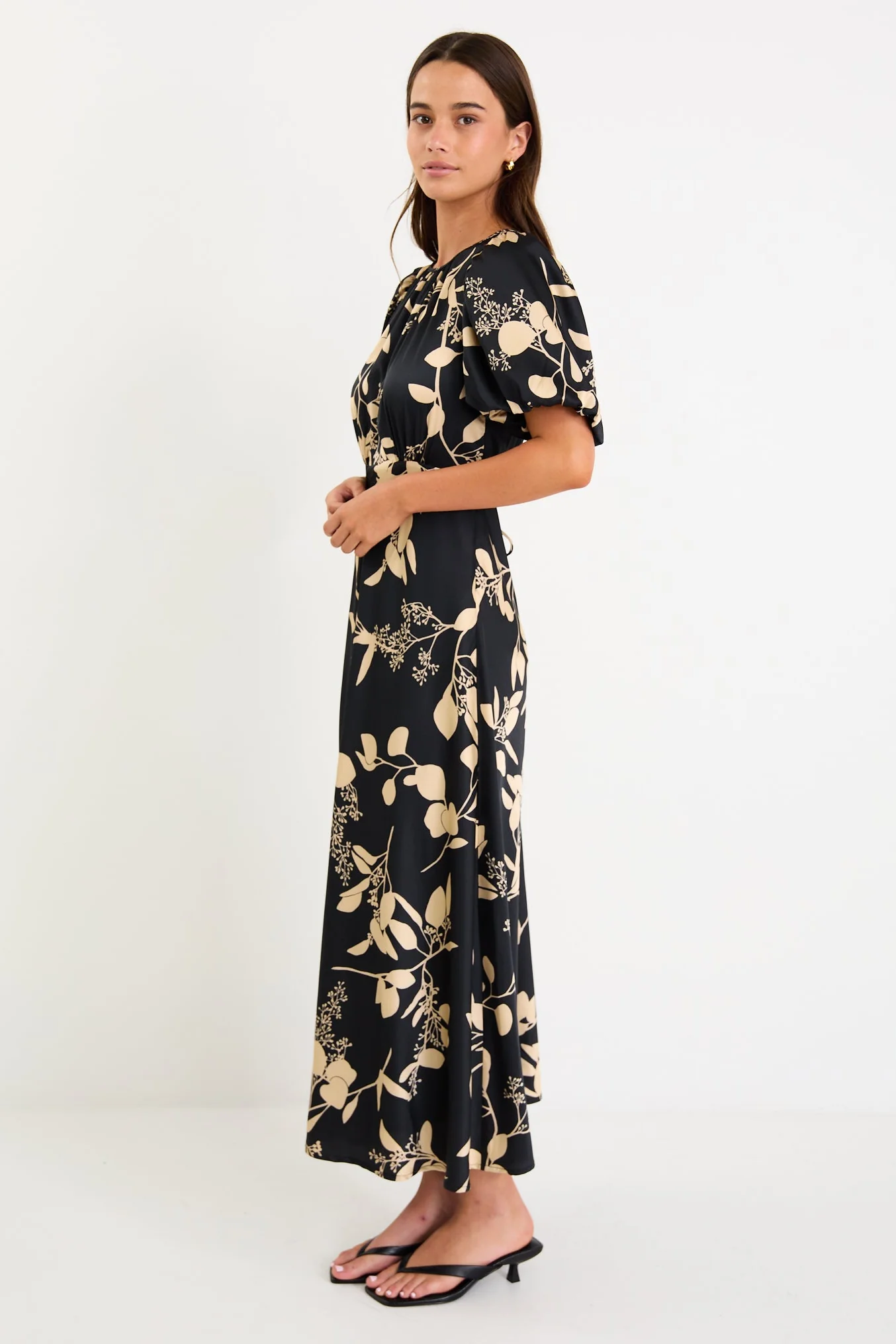 Stage Black Beige Floral Satin Puff Sleeve Floaty Maxi Dress - Image 6