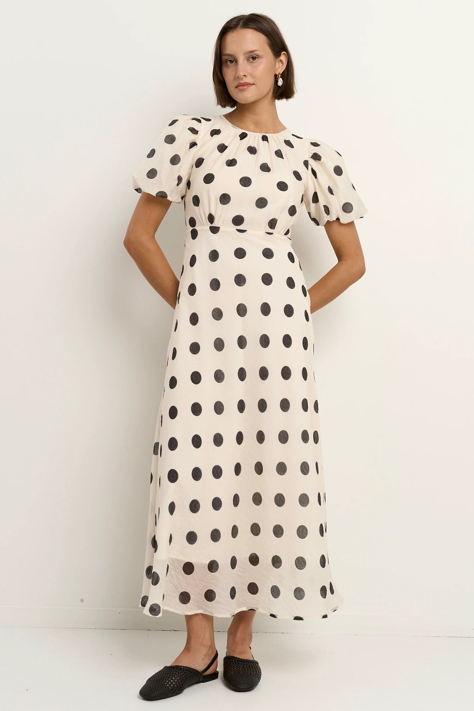 Stage Cream Black Polka Dot Puff Sleeve Floaty Maxi Dress - Image 2