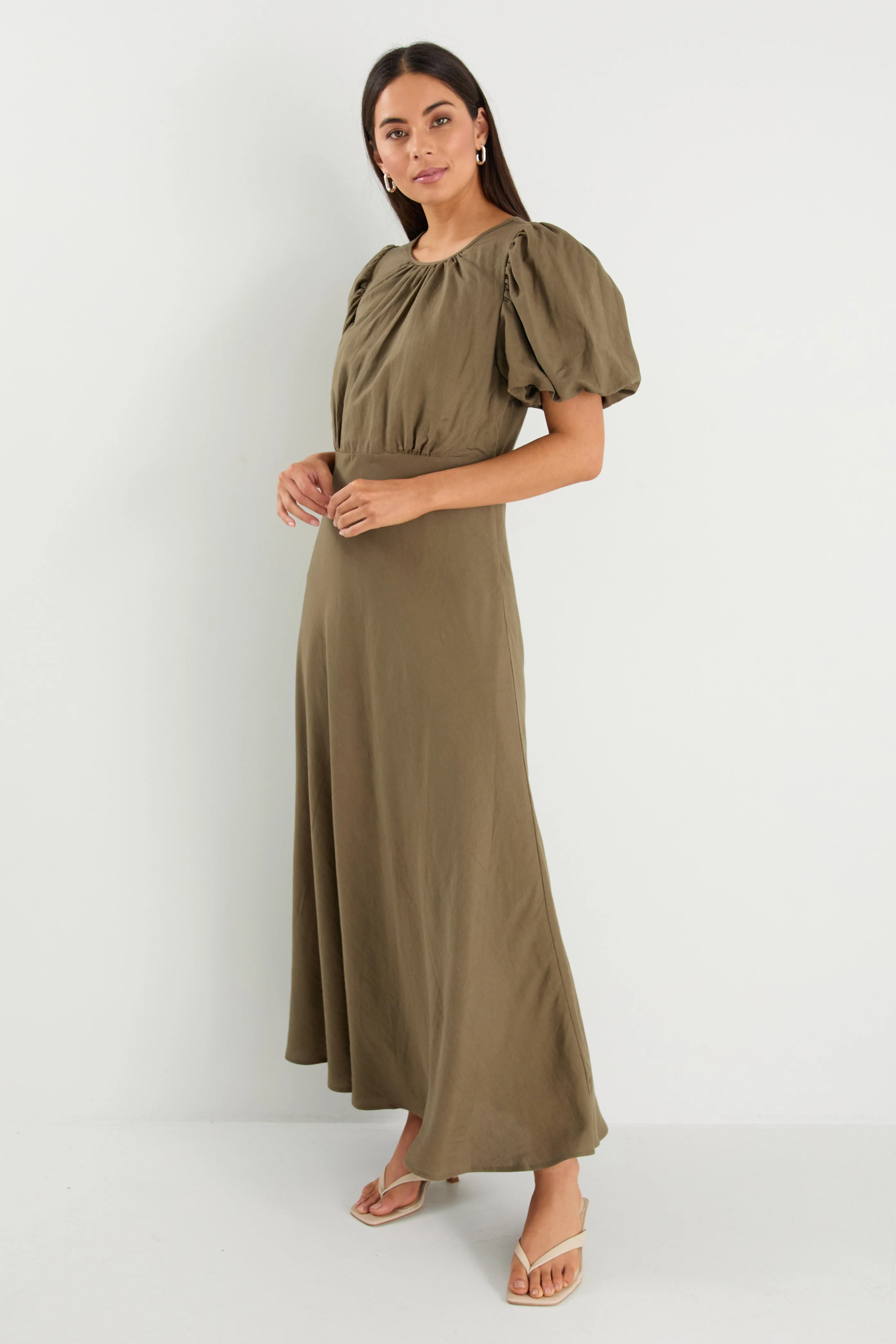 Stage Khaki Linen Blend Puff Sleeve Floaty Maxi Dress - Image 3