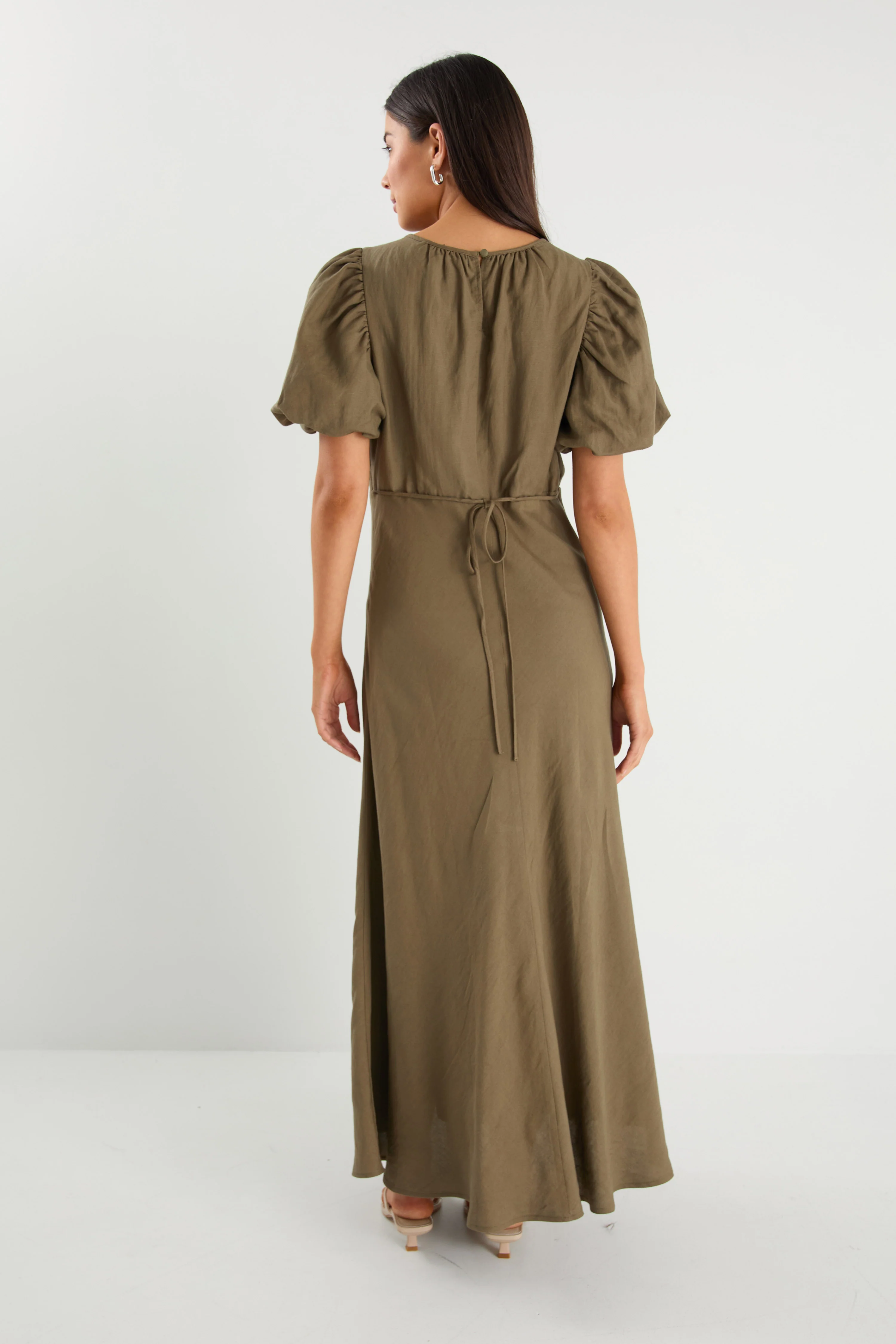 Stage Khaki Linen Blend Puff Sleeve Floaty Maxi Dress - Image 4