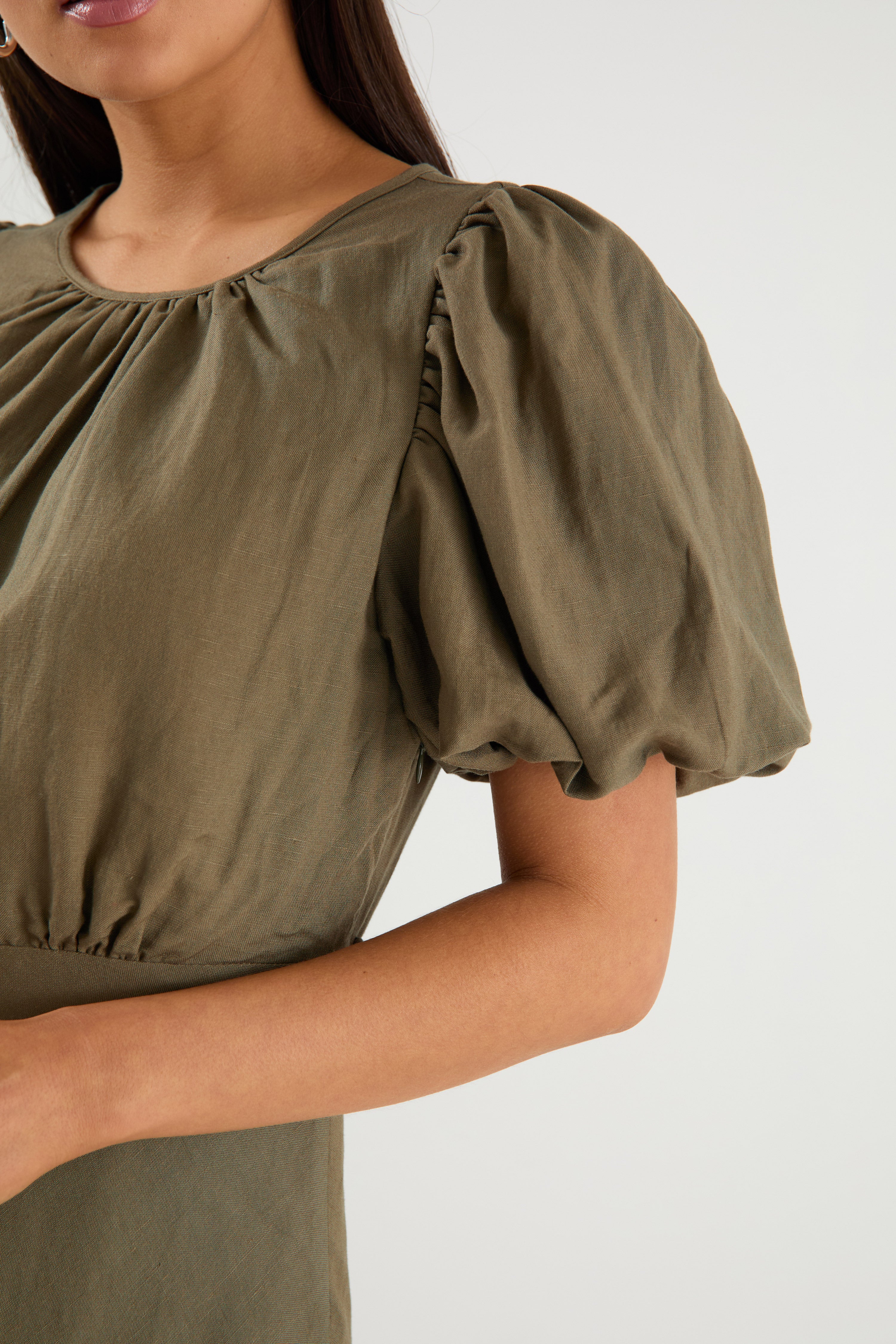 Stage Khaki Linen Blend Puff Sleeve Floaty Maxi Dress - Image 5
