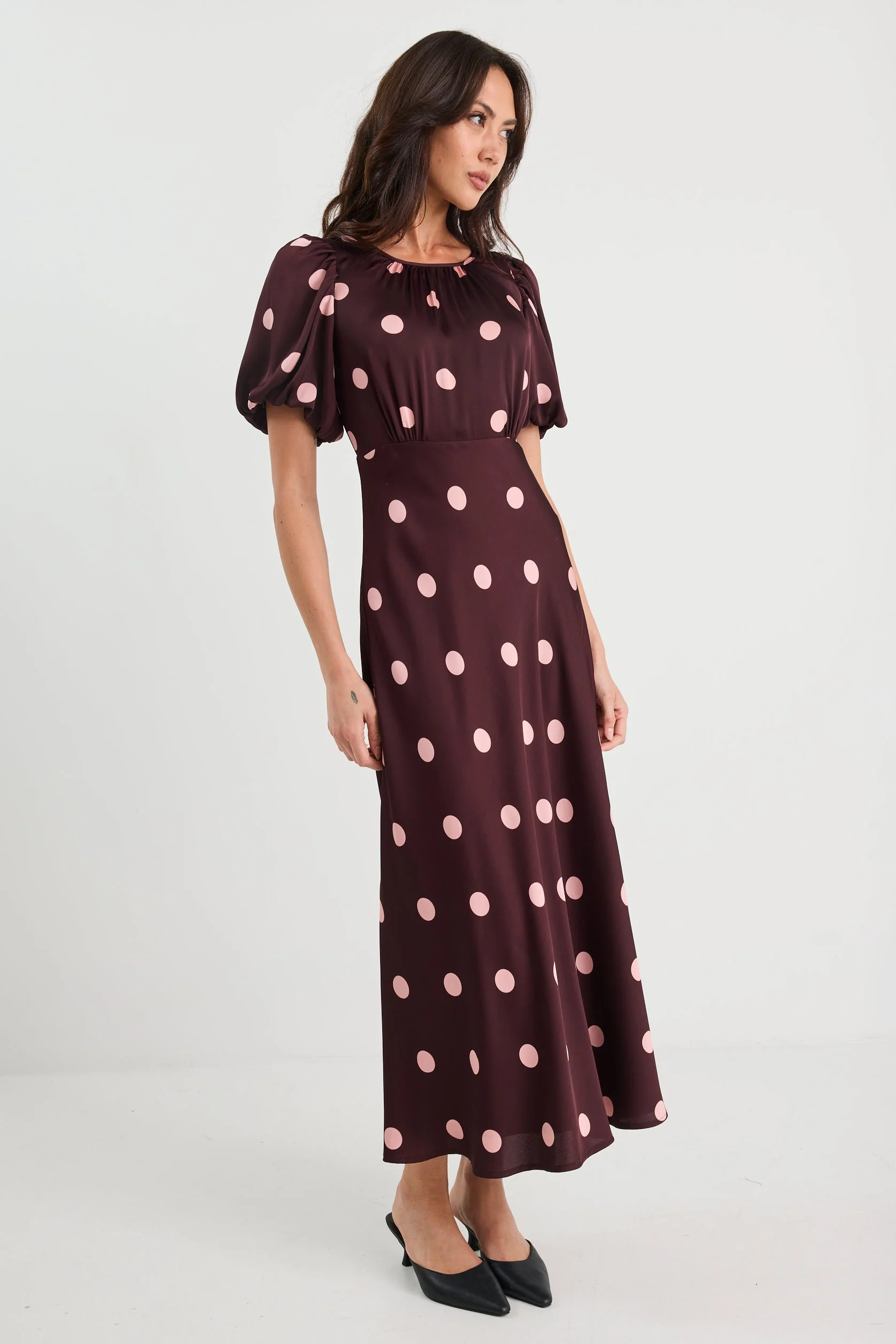 Stage Plum Polka Dot Puff Sleeve Satin Floaty Maxi Dress - Image 2