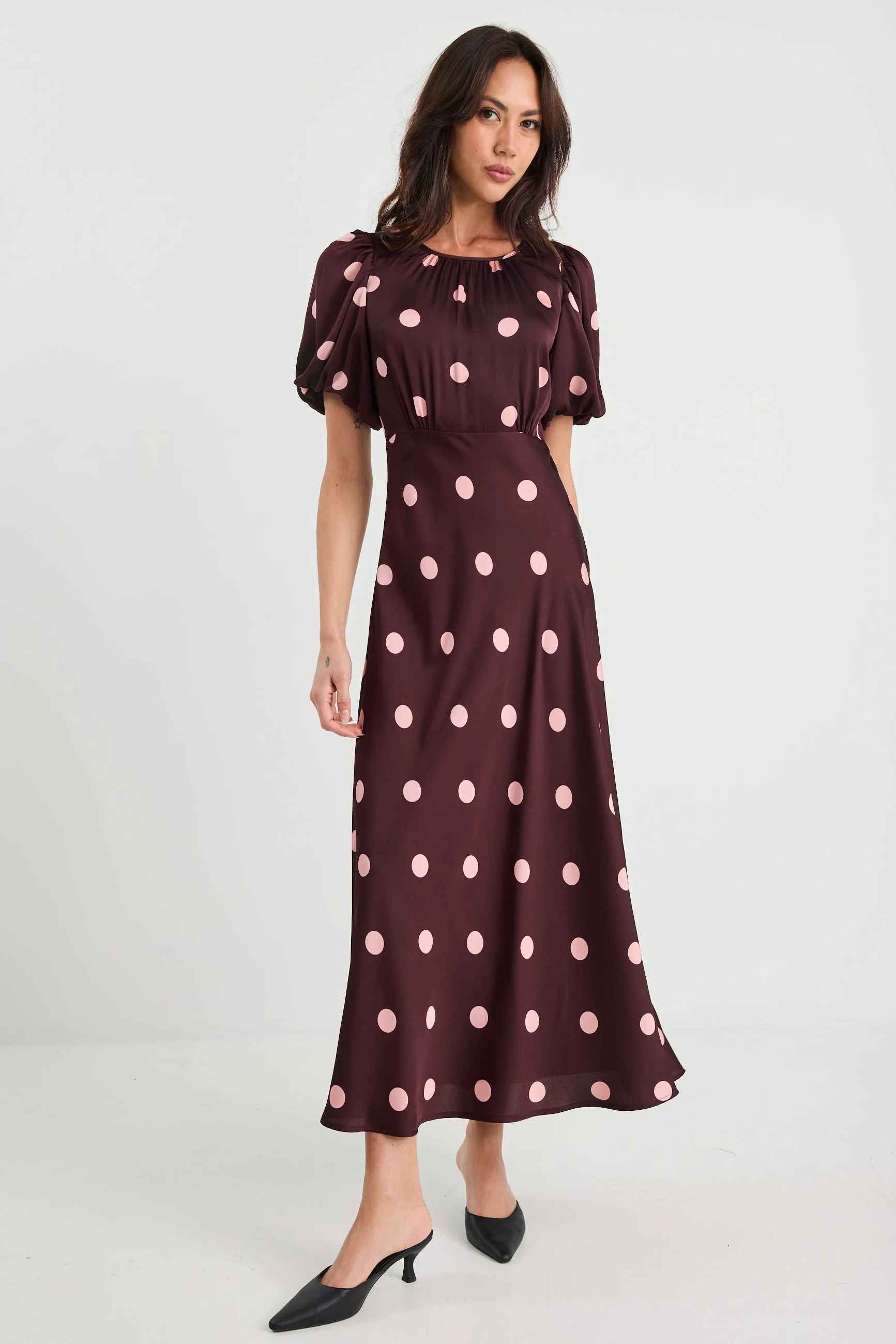 Stage Plum Polka Dot Puff Sleeve Satin Floaty Maxi Dress - Image 3