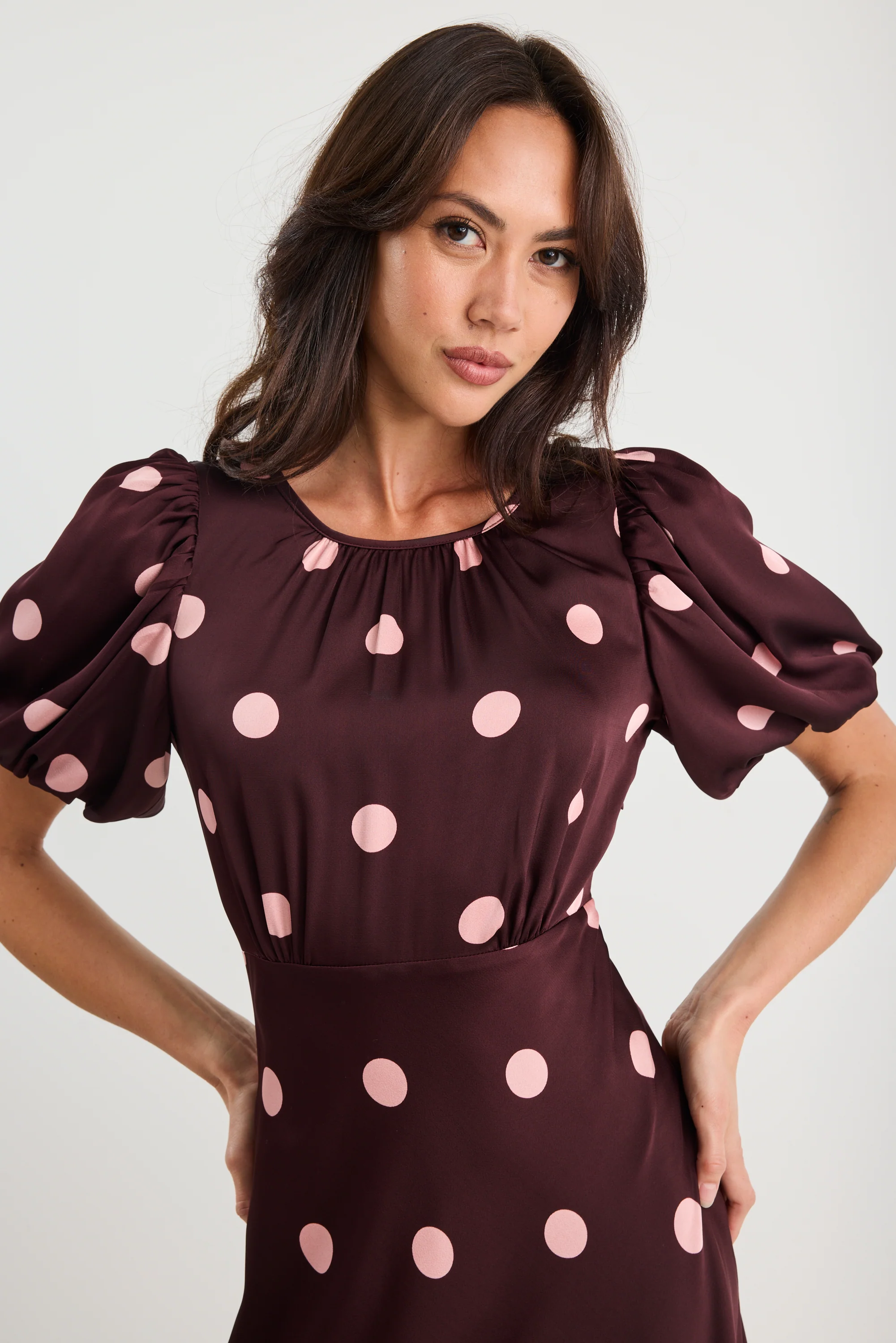 Stage Plum Polka Dot Puff Sleeve Satin Floaty Maxi Dress - Image 4