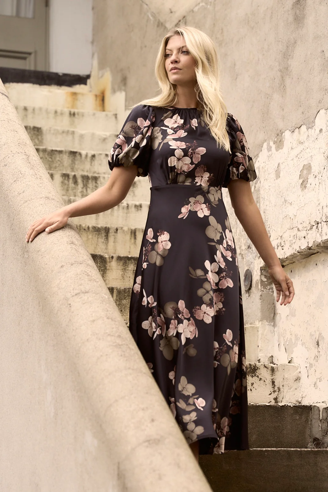 Stage Black Floral Satin Puff Sleeve Floaty Maxi Dress - Image 5