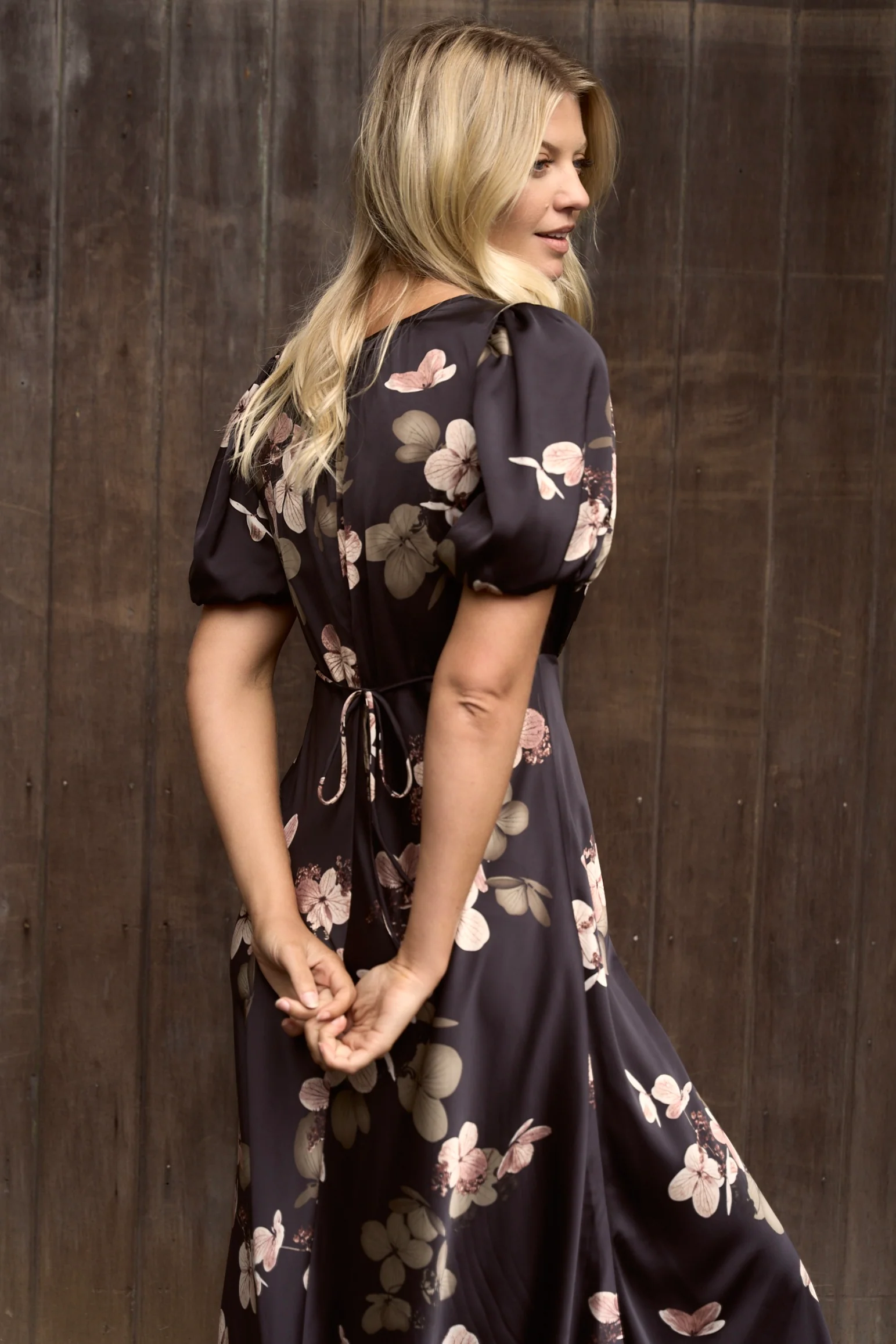 Stage Black Floral Satin Puff Sleeve Floaty Maxi Dress - Image 6