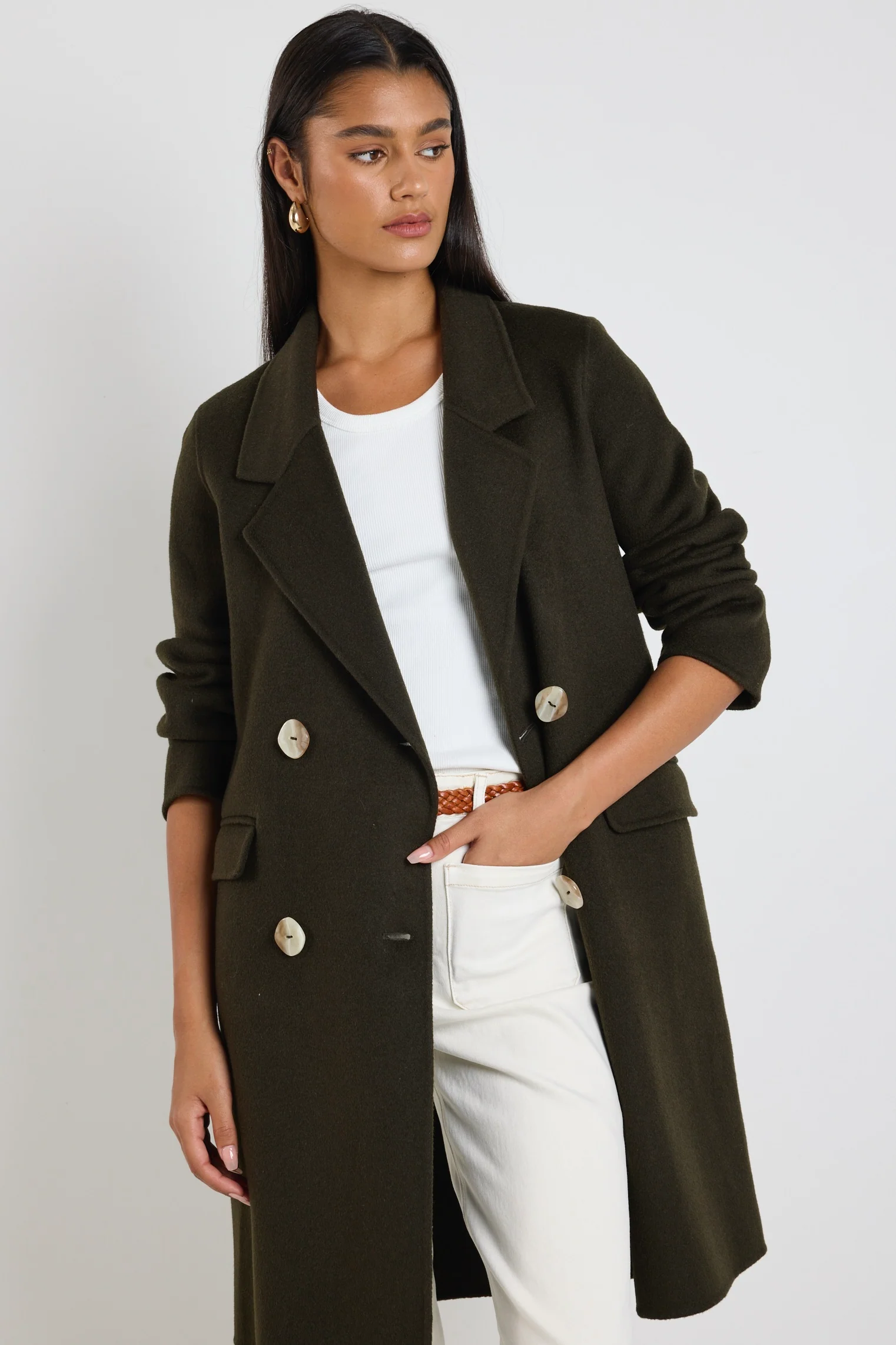 Stockholm Khaki Wool Double Breasted Coat - Image 3