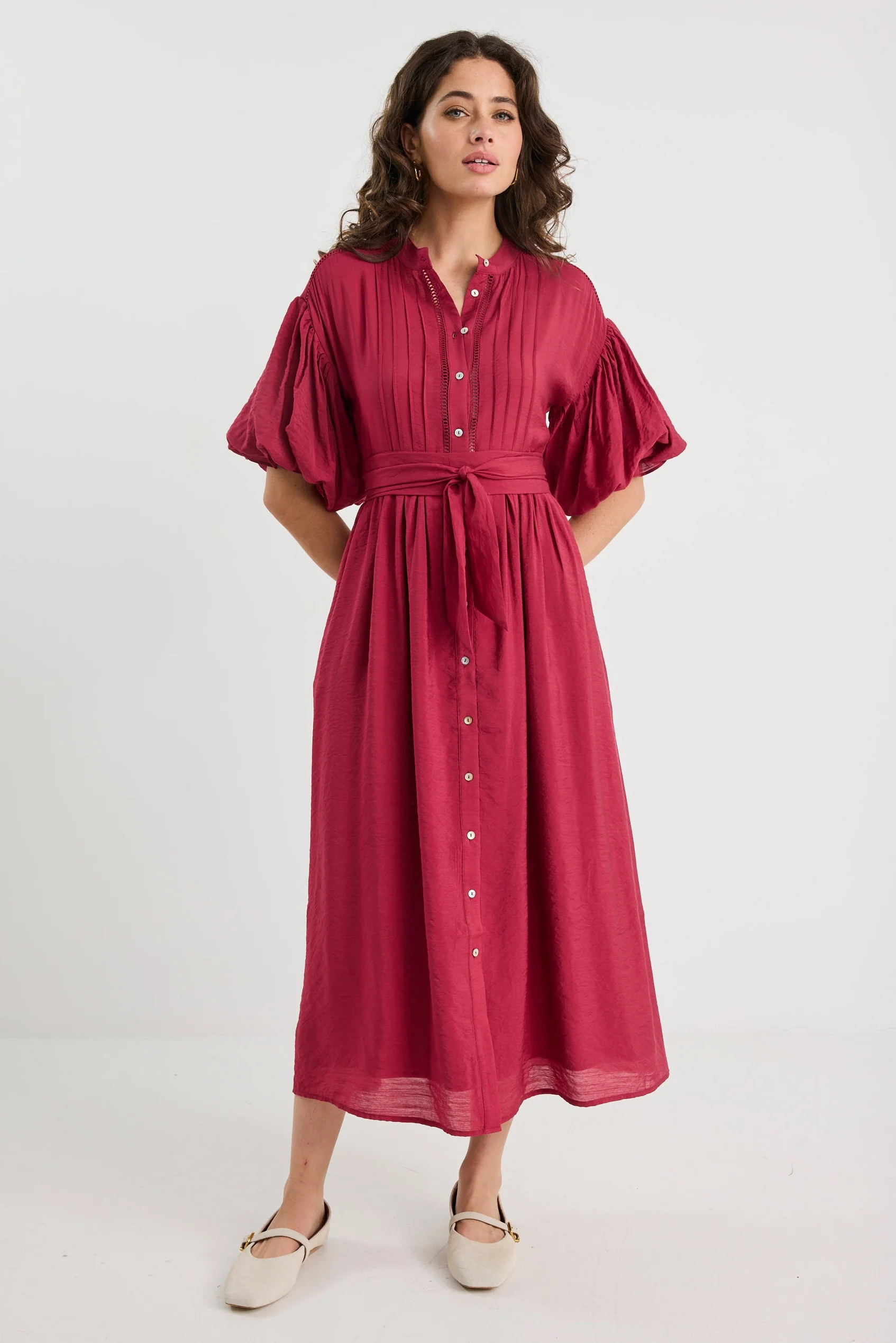 Stride Wine Puff Sleeve Pin Tuck Maxi Shirt Dress