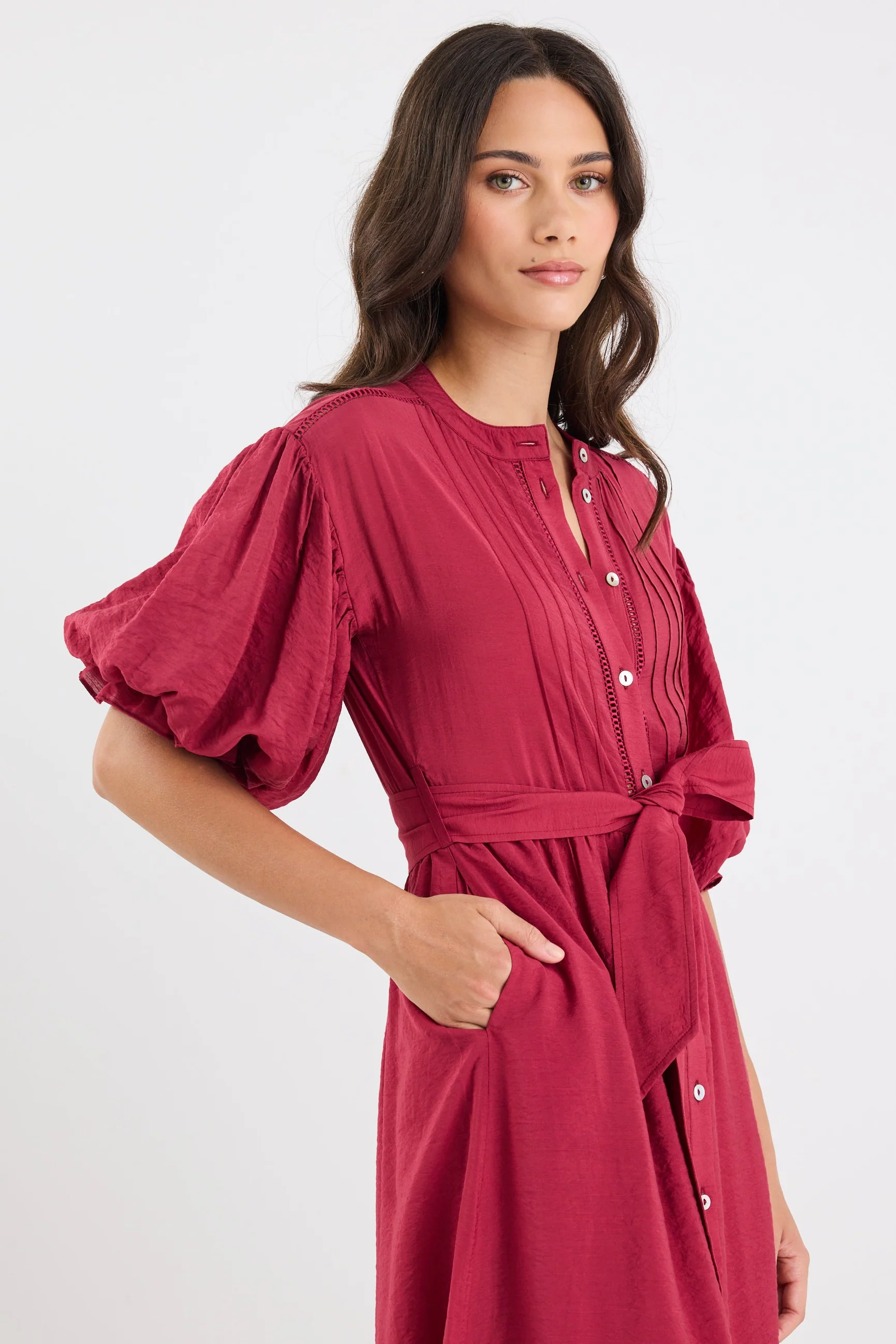 Stride Wine Puff Sleeve Pin Tuck Maxi Shirt Dress - Image 2