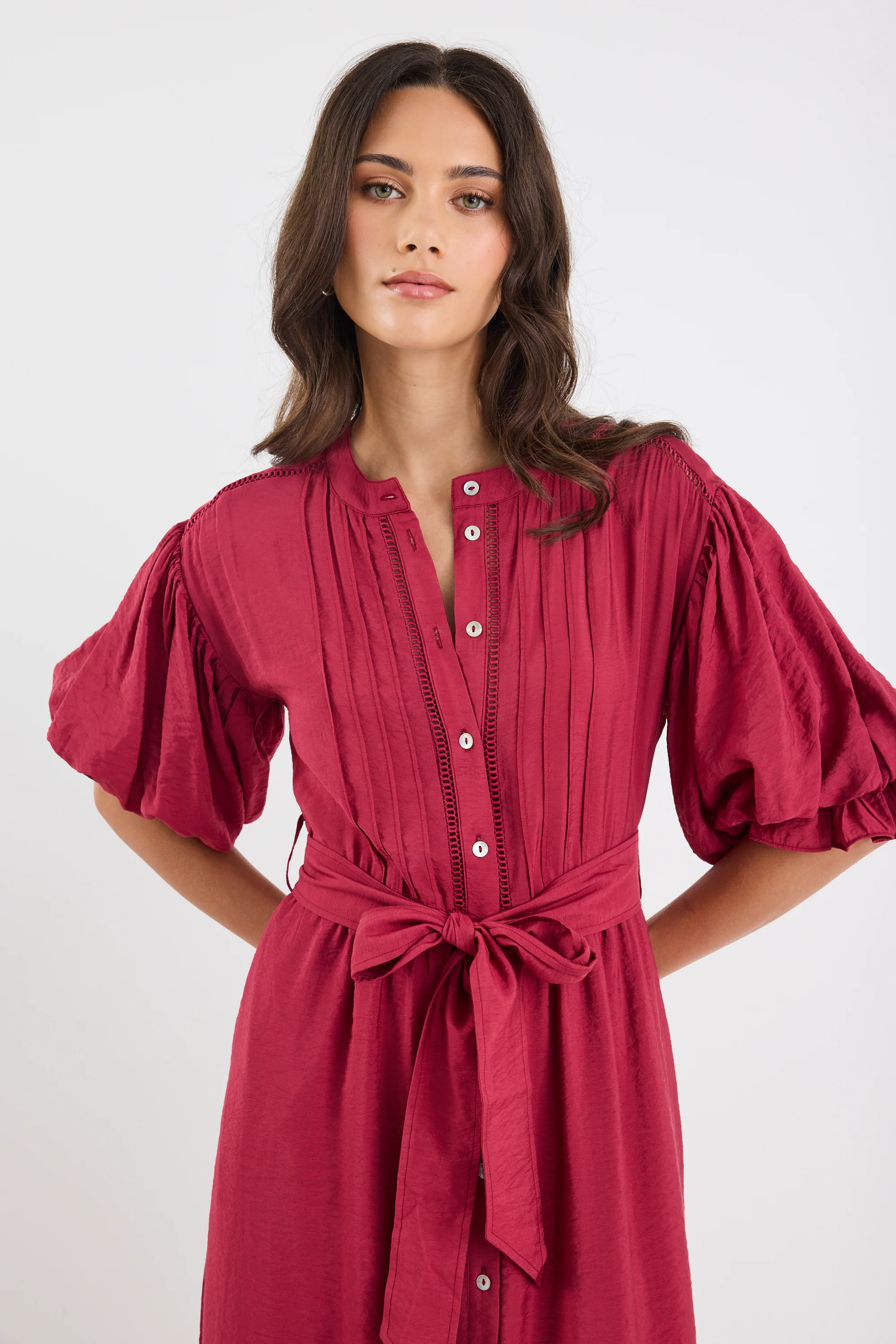 Stride Wine Puff Sleeve Pin Tuck Maxi Shirt Dress - Image 3