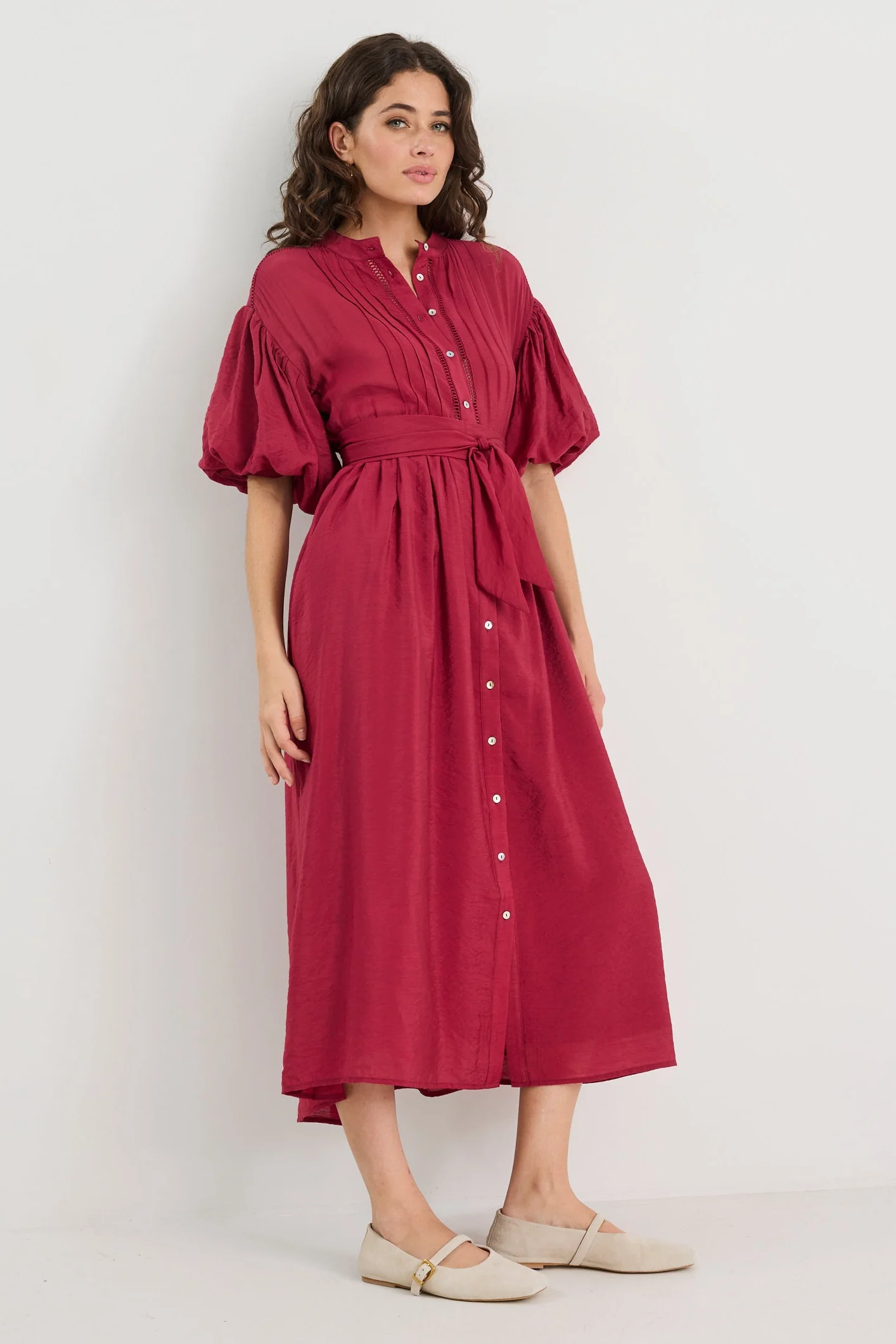 Stride Wine Puff Sleeve Pin Tuck Maxi Shirt Dress - Image 4