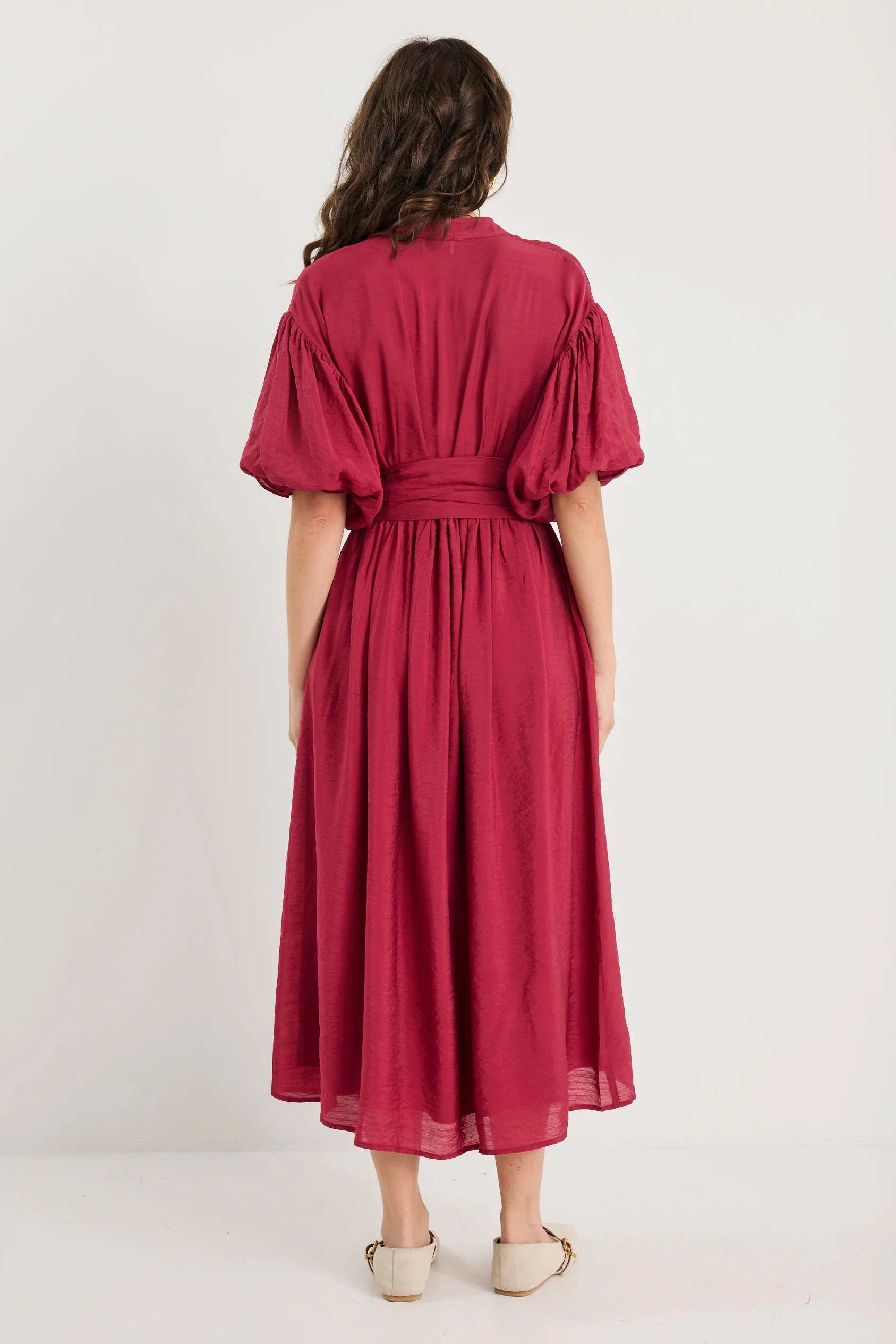 Stride Wine Puff Sleeve Pin Tuck Maxi Shirt Dress - Image 5