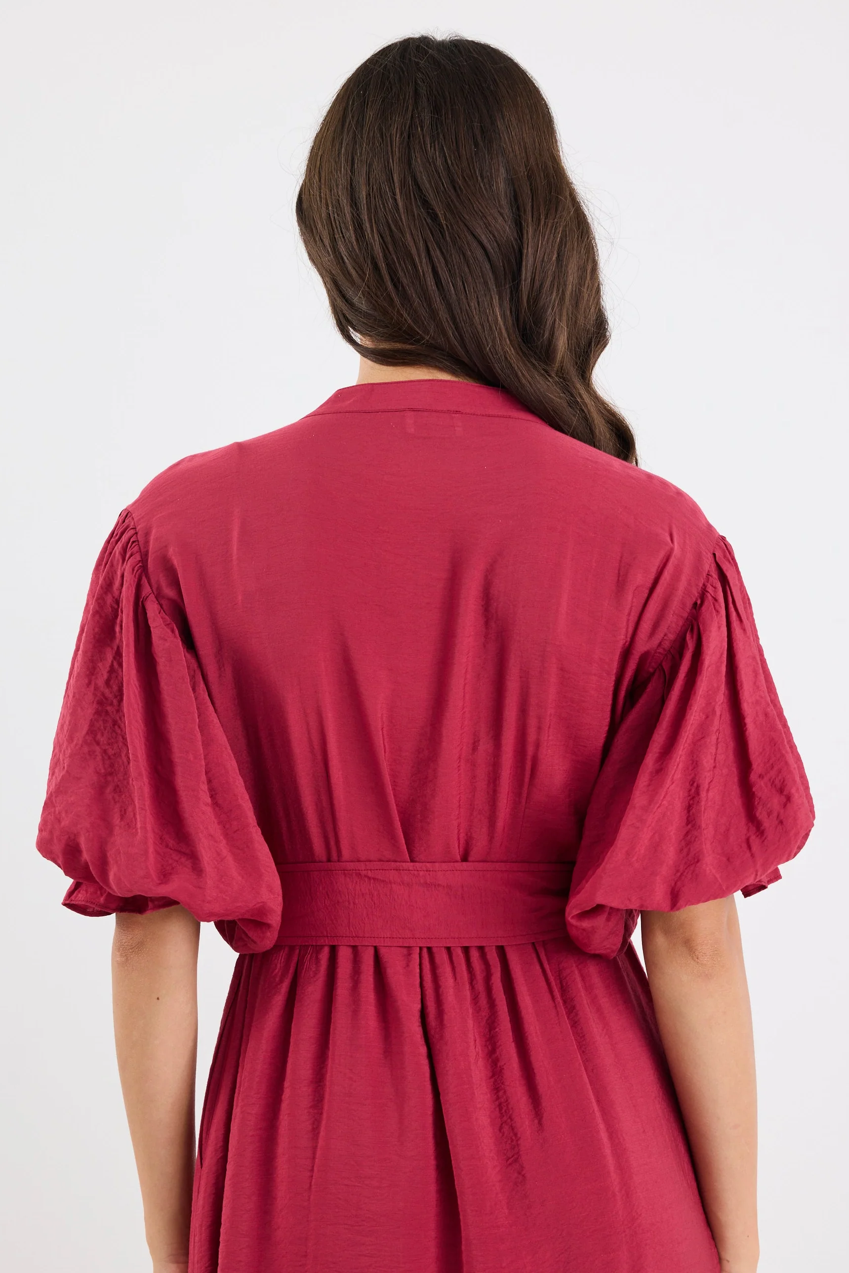 Stride Wine Puff Sleeve Pin Tuck Maxi Shirt Dress - Image 6