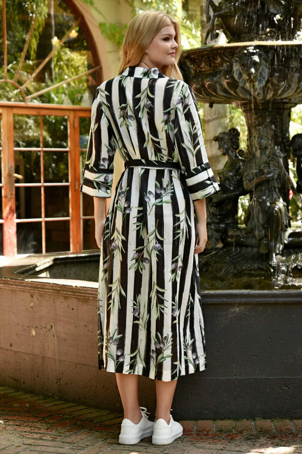 Stripe A Pose Black Striped Olive Print SS Midi Shirt Dress - Image 3