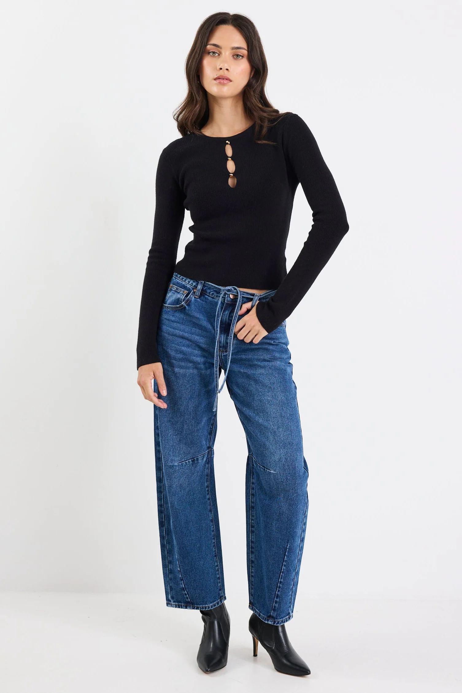 Suggestion Black Rib Knit Long Sleeve Top - Image 3