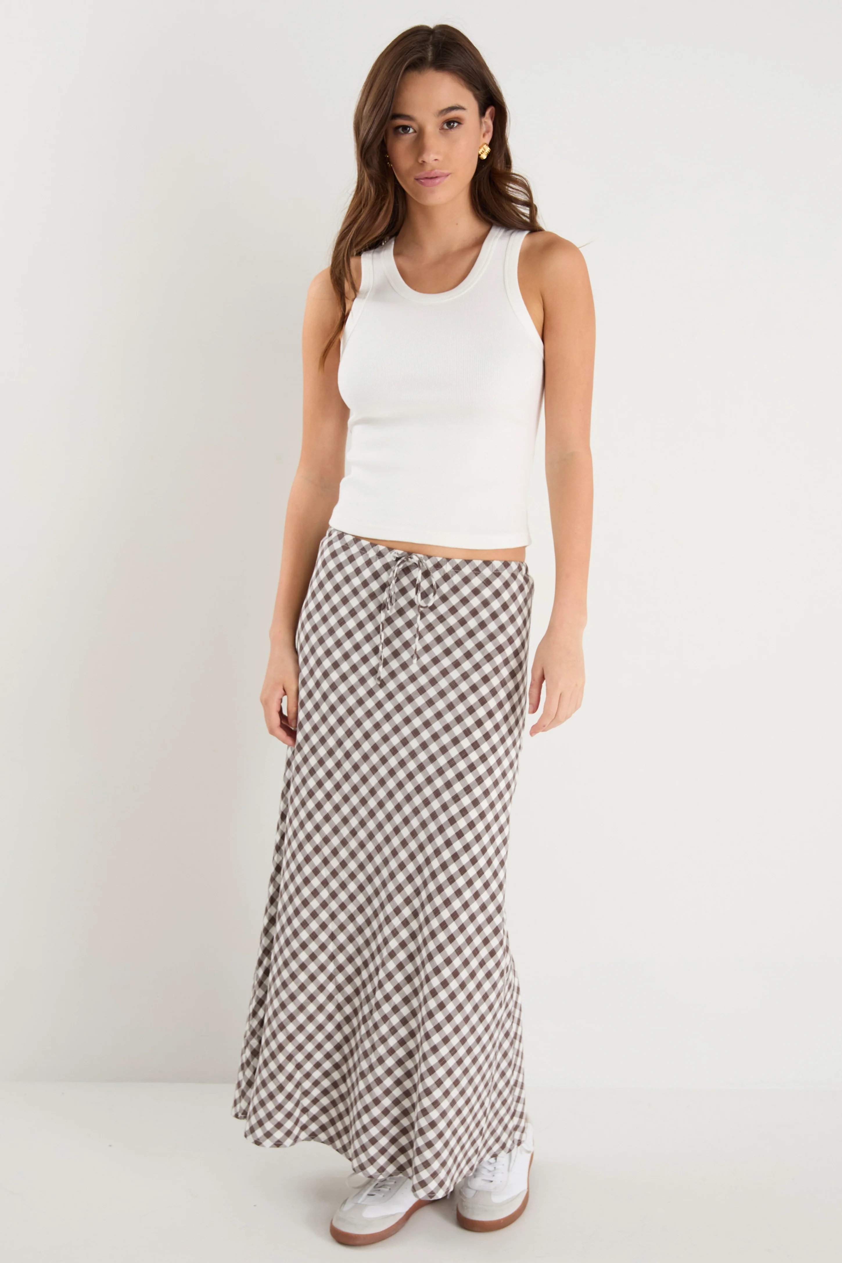 Summit Chocolate Gingham Cotton Blend Tie Waist Bias Maxi Skirt - Image 2