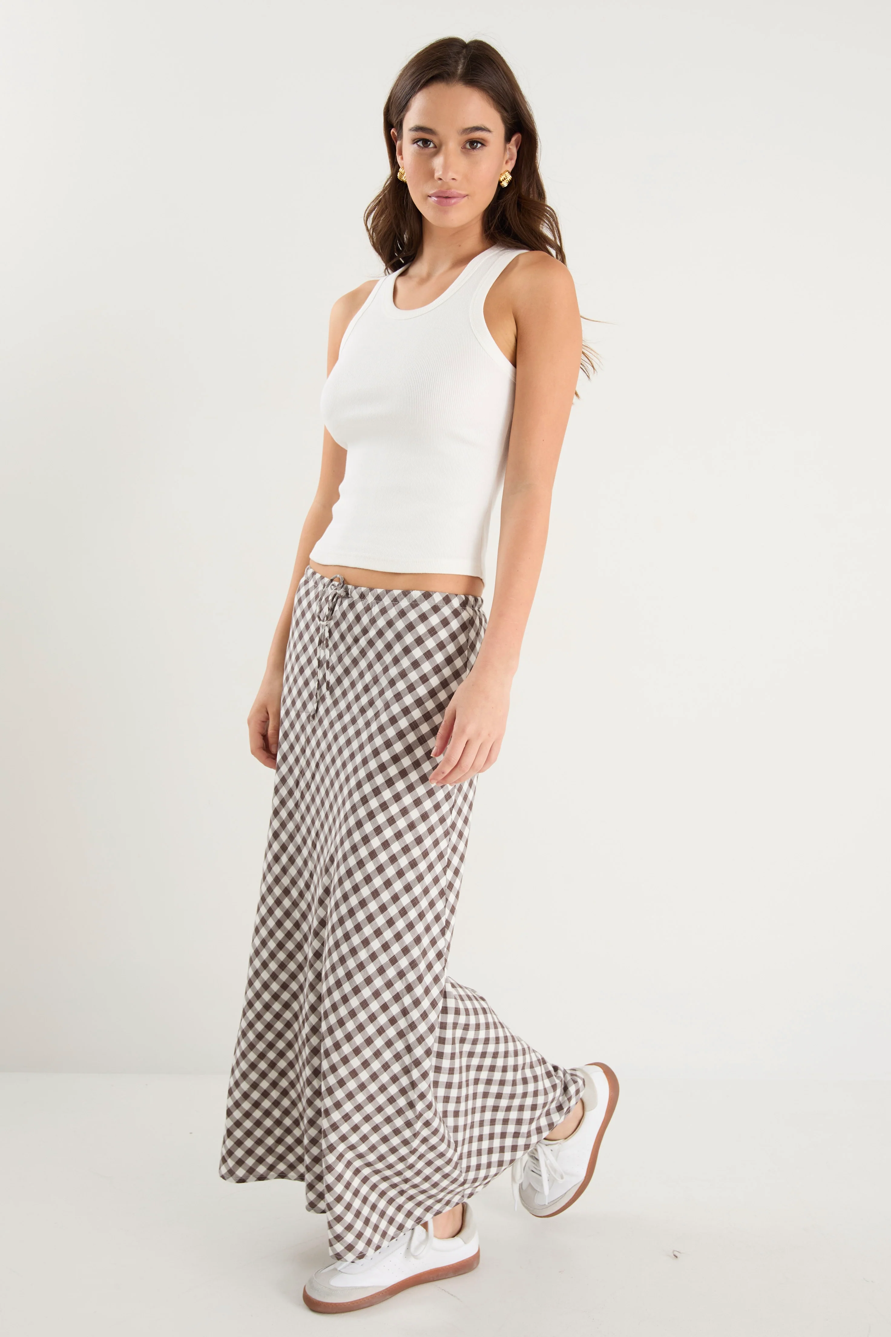 Summit Chocolate Gingham Cotton Blend Tie Waist Bias Maxi Skirt - Image 3