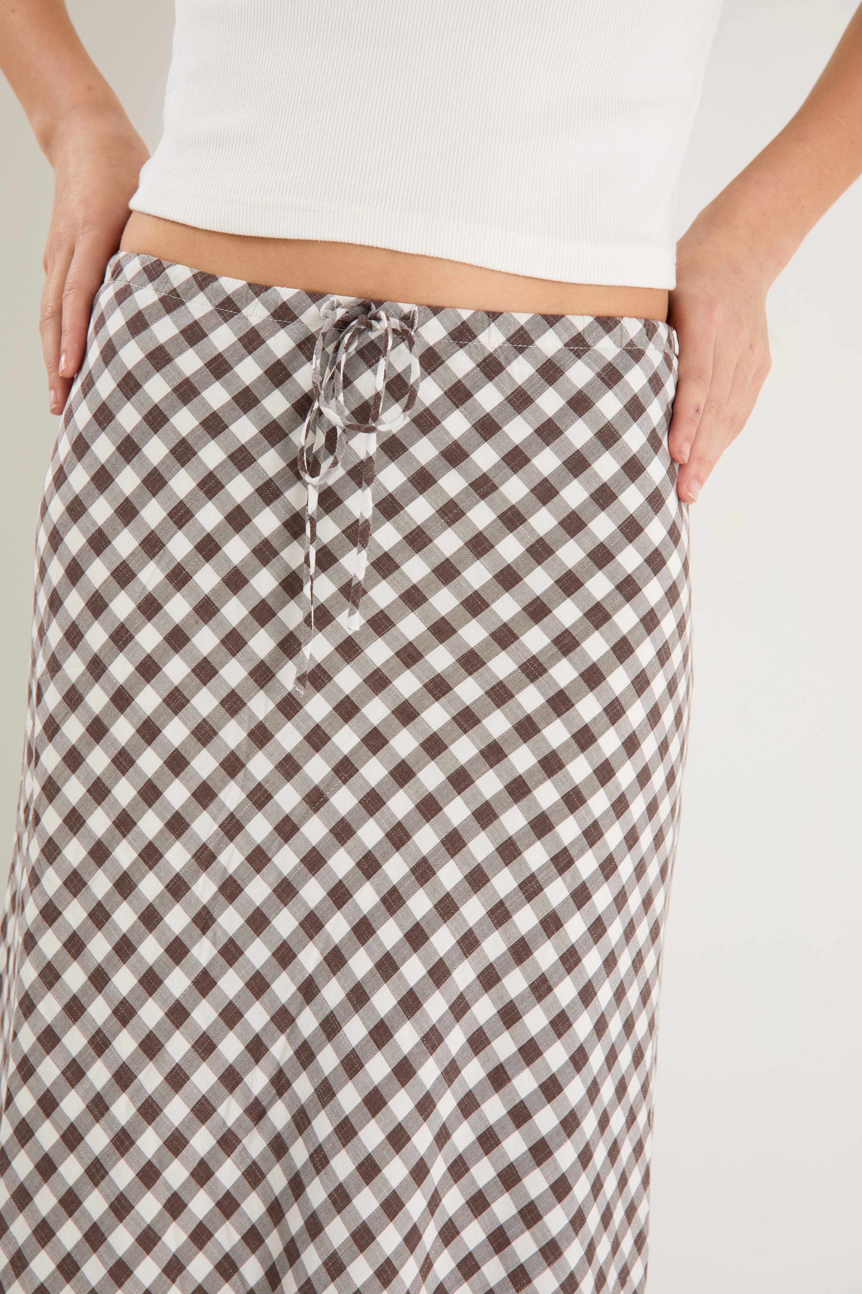 Summit Chocolate Gingham Cotton Blend Tie Waist Bias Maxi Skirt - Image 4