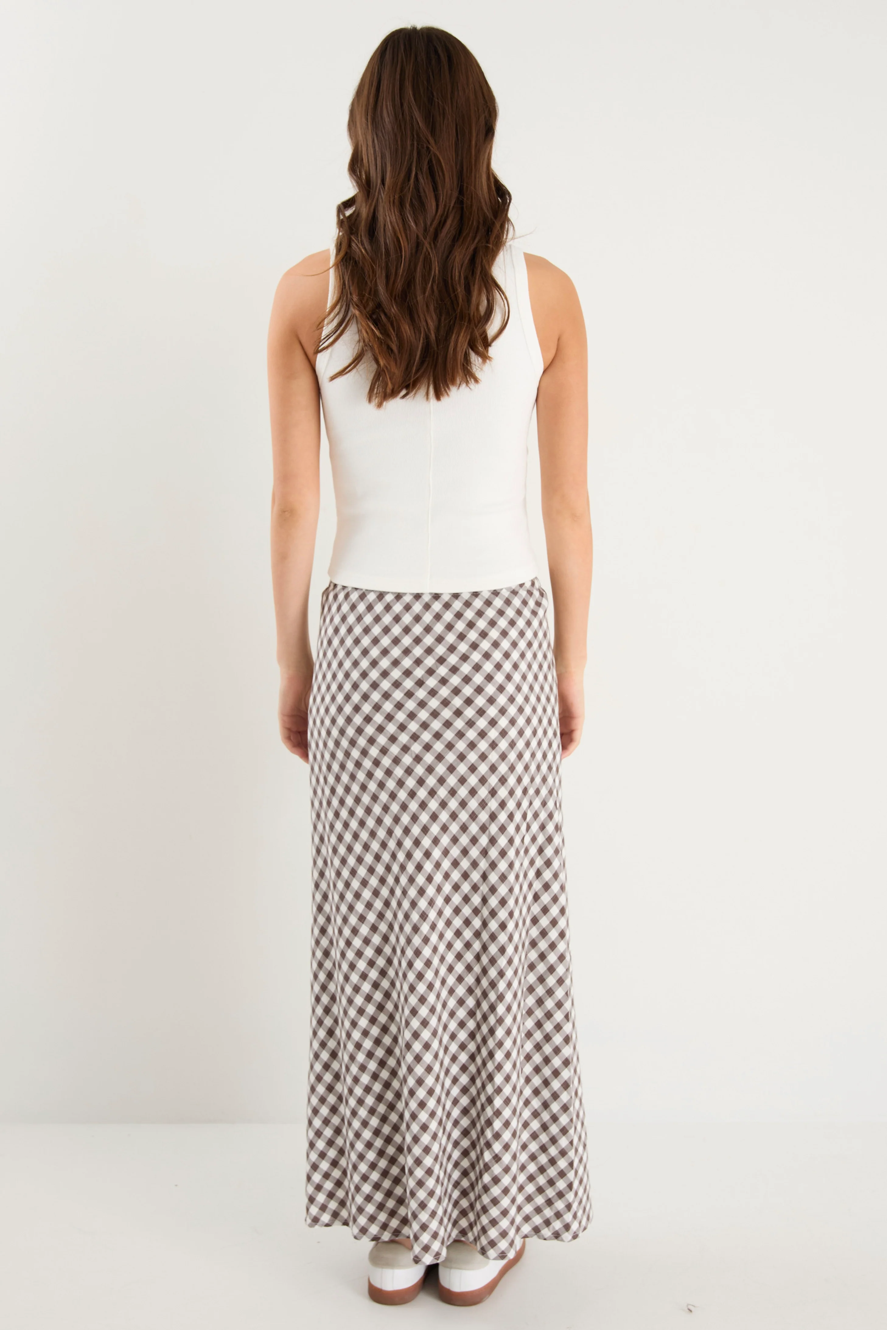 Summit Chocolate Gingham Cotton Blend Tie Waist Bias Maxi Skirt - Image 5