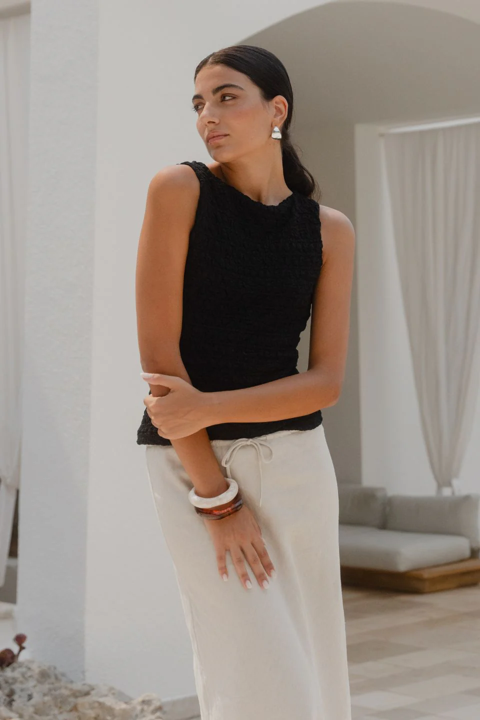 Summit Natural Linen Blend Tie Waist Bias Maxi Skirt - Image 4