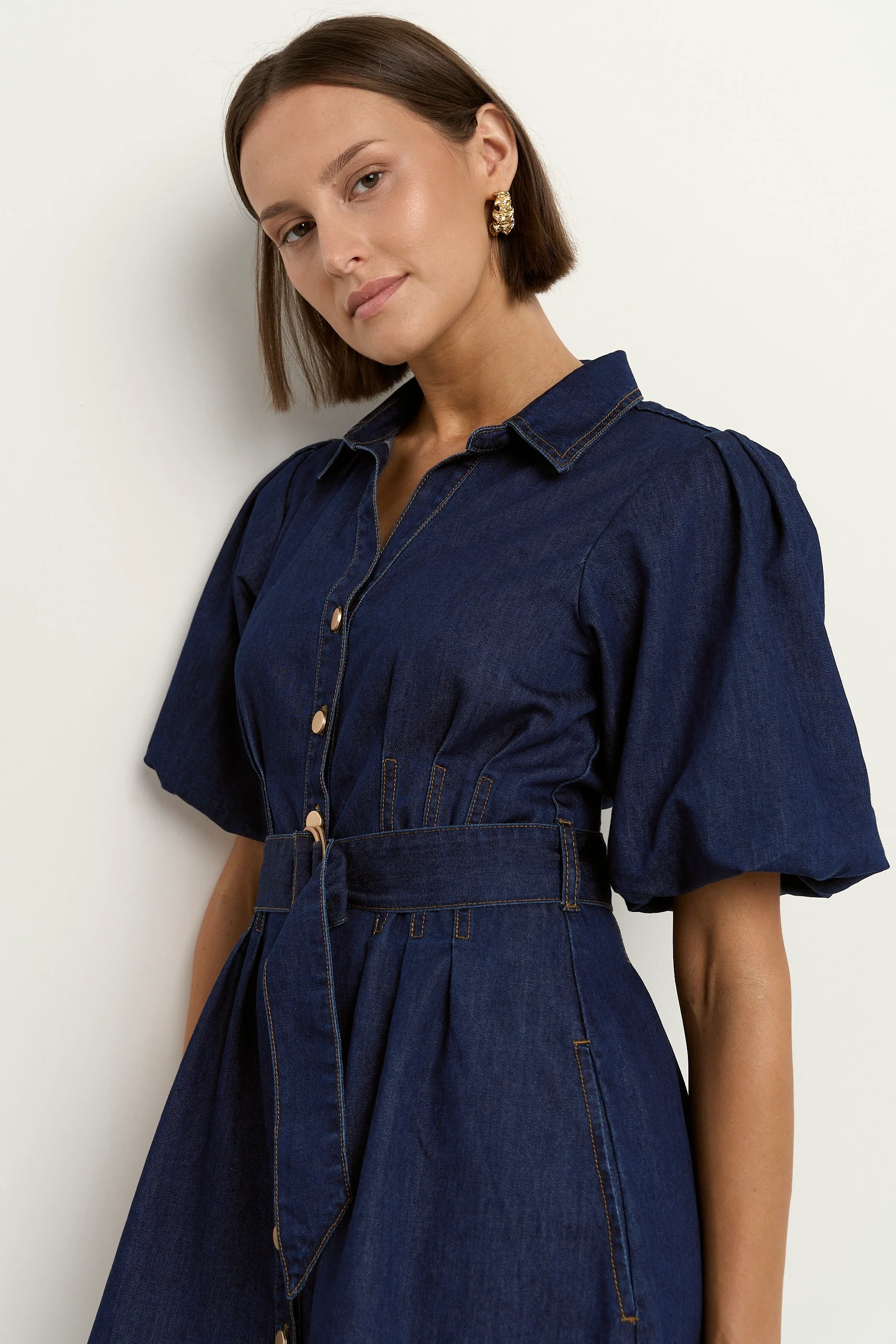 Sundown Indigo Denim Puff Sleeve Mini Shirt Dress - Image 3