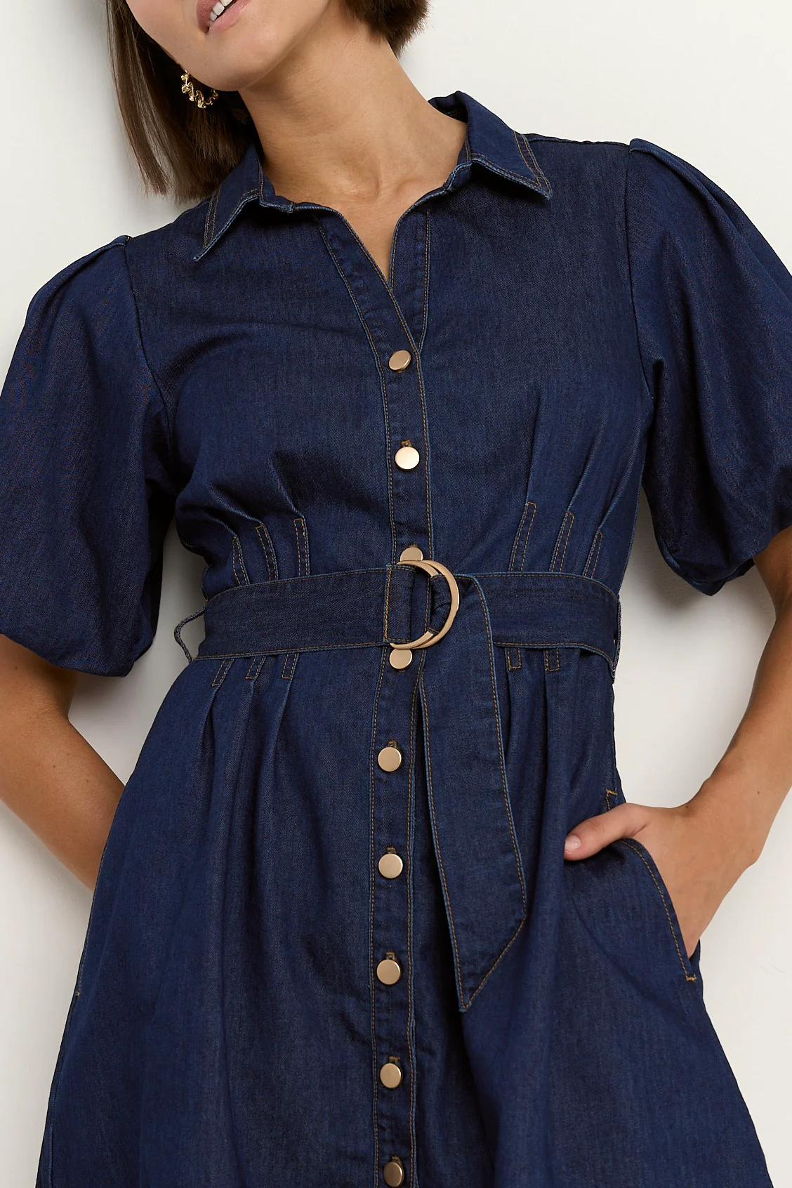 Sundown Indigo Denim Puff Sleeve Mini Shirt Dress - Image 4