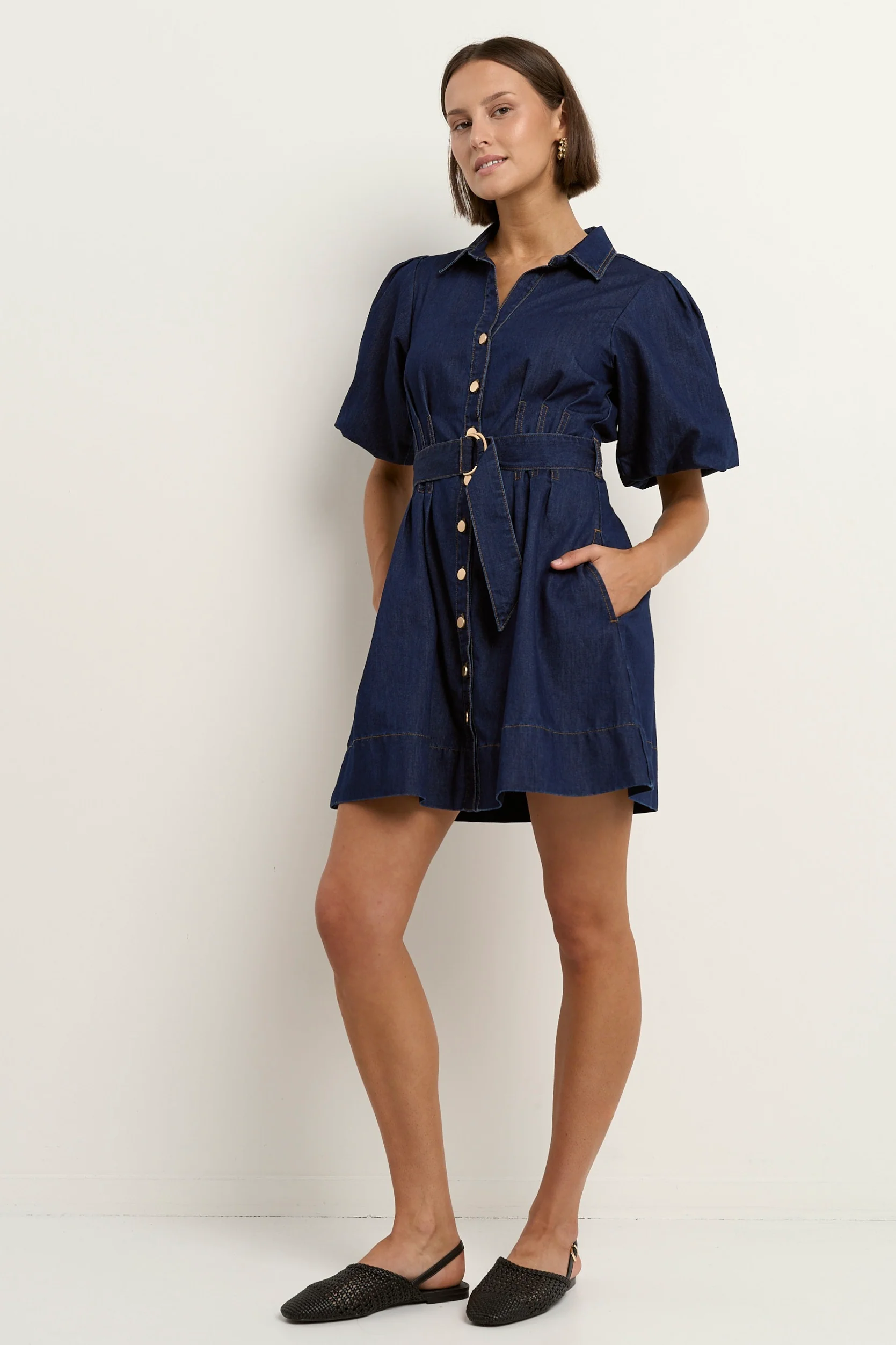 Sundown Indigo Denim Puff Sleeve Mini Shirt Dress - Image 5
