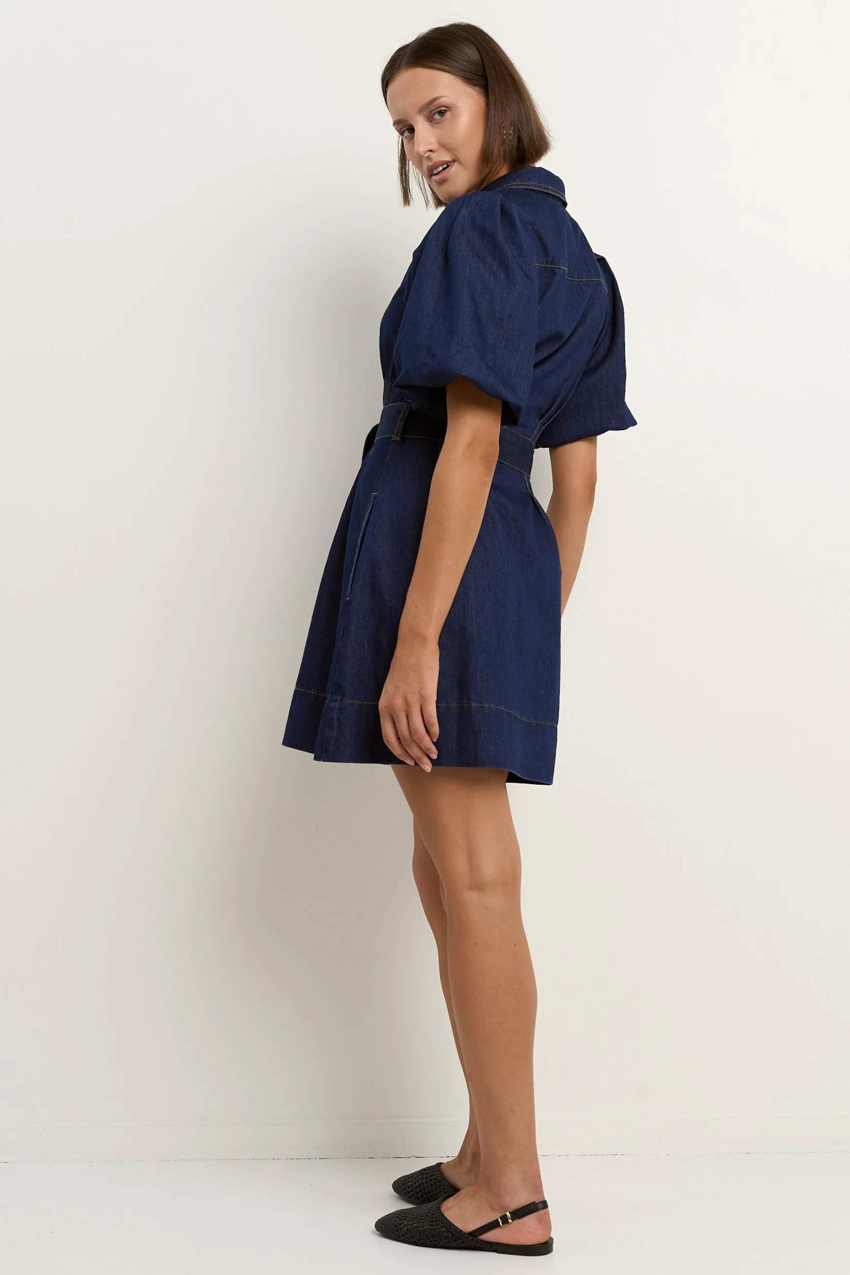 Sundown Indigo Denim Puff Sleeve Mini Shirt Dress - Image 6